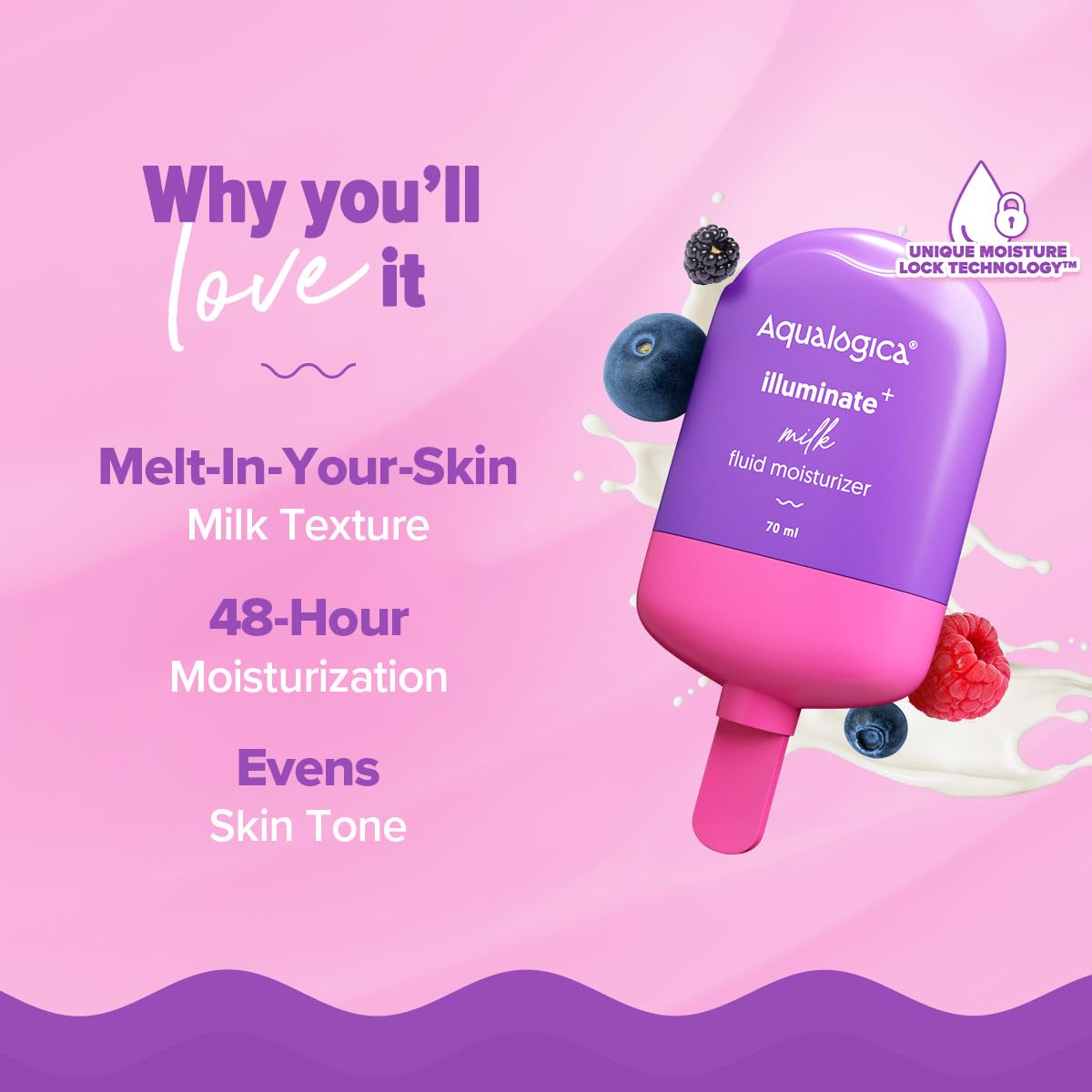 Aqualogica Illuminate + Milk Fluid Moisturizer with Wild Berries & Alpha Arbutin – Lightweight Hydrating Face Cream for Oily to Combination Skin | Brightens & Evens Skin Tone | 48-Hour Deep Moisturization | Non-Sticky Formula | 70ml | Perfect for Daily Skincare Routine & Glow Boosting