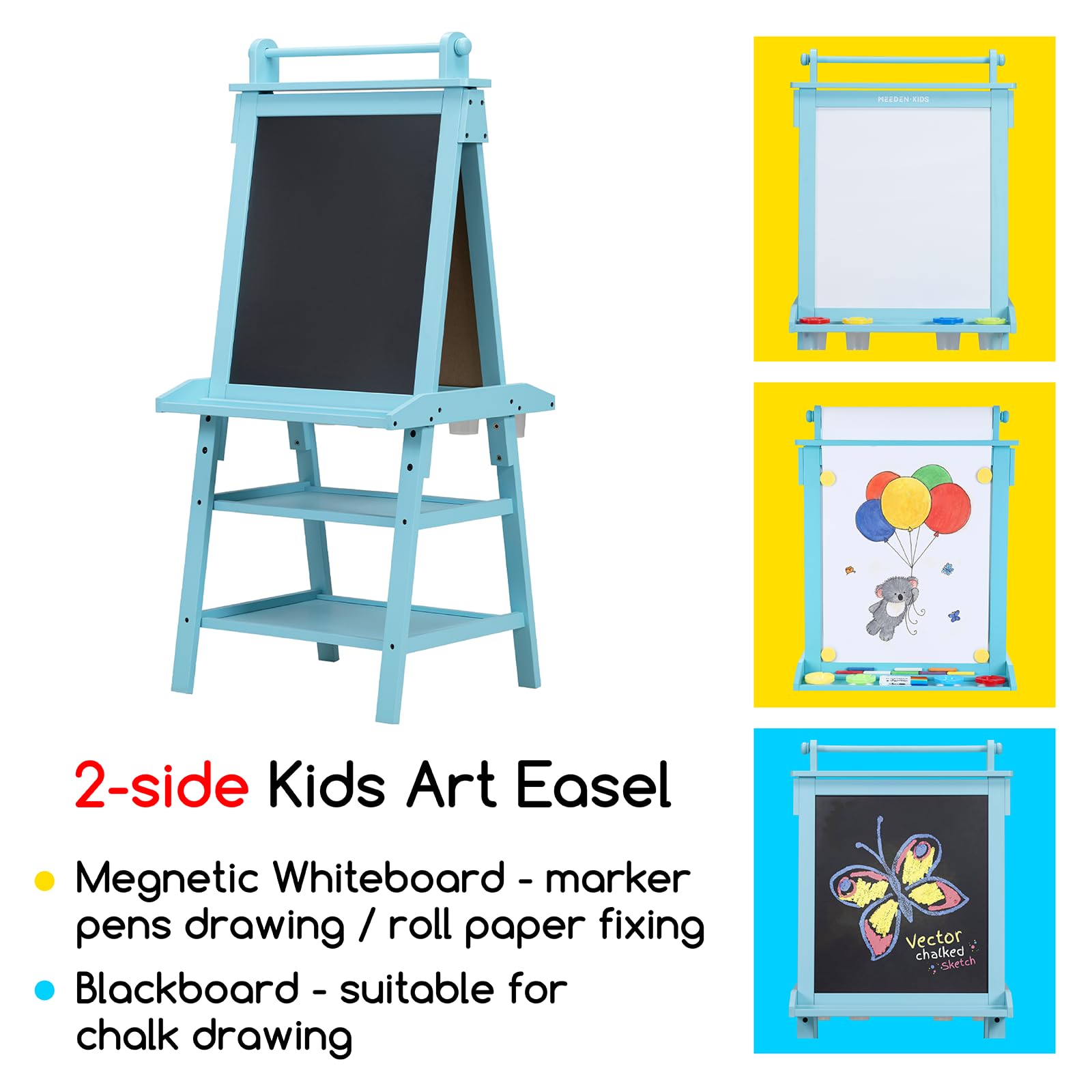 MEEDEN Double-Sided Kids Wooden Art Easel with Paper Roll - Adjustable Solid Pine Wood Drawing Board with Chalkboard & Magnetic Whiteboard - Perfect Gift for Boys & Girls (Blue) - Ideal for Home, Classroom & Art Studio Use