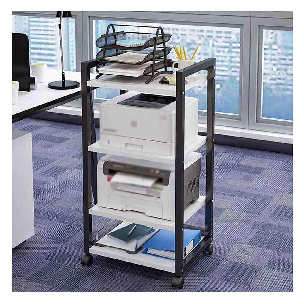 4-Tier Adjustable Mobile Printer Stand for Office & Home - Heavy Duty Floor Standing Printer Cart with Wheels for Fax Machine, Scanner - Black (Perfect for Small Spaces & Multi-Device Organization)
