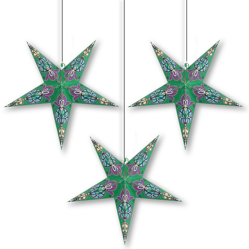 3 Pack Green Neptune Illuminated Paper Star Lanterns with LED Bulbs & Lamp Cord - Hanging Decor for Bedroom, Party, Wedding, and Outdoor Lighting