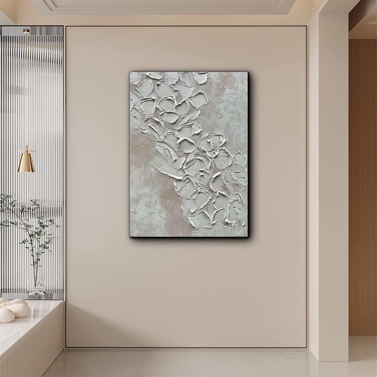 Eonzeun Abstract 3D White Thick Textured Wall Art - Hand-Painted Oil Painting on Canvas 28x40 Inch - Modern Minimalist Wall Decor for Living Room, Bedroom & Office