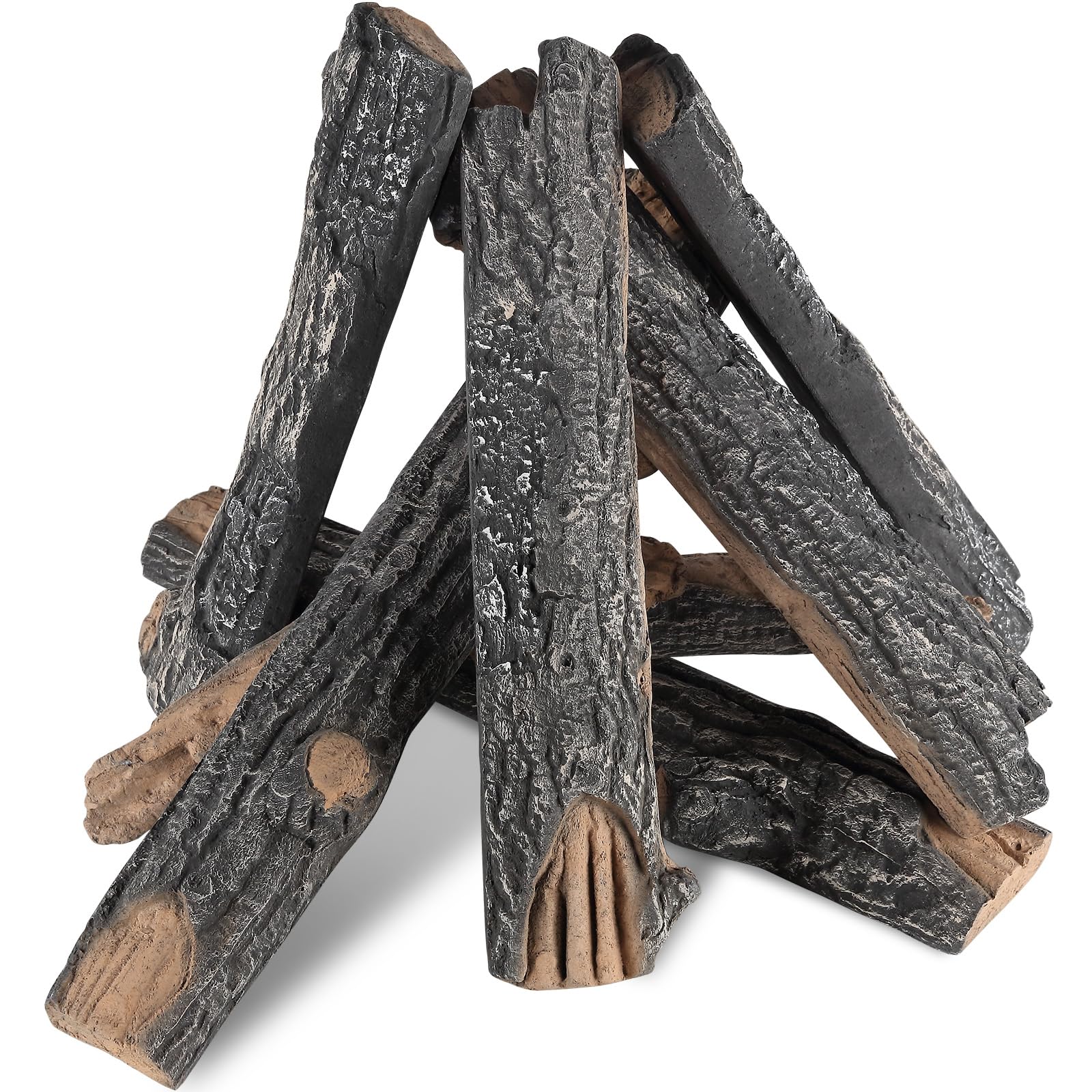 VEVOR 8-Piece Realistic Oak Gas Fireplace Logs Set - Heat-Resistant Ceramic Wood Logs for Indoor & Outdoor Fire Pits, Fire Bowls, and Fireplaces - Stackable Natural-Looking Wooden Branches for Cozy Ambiance