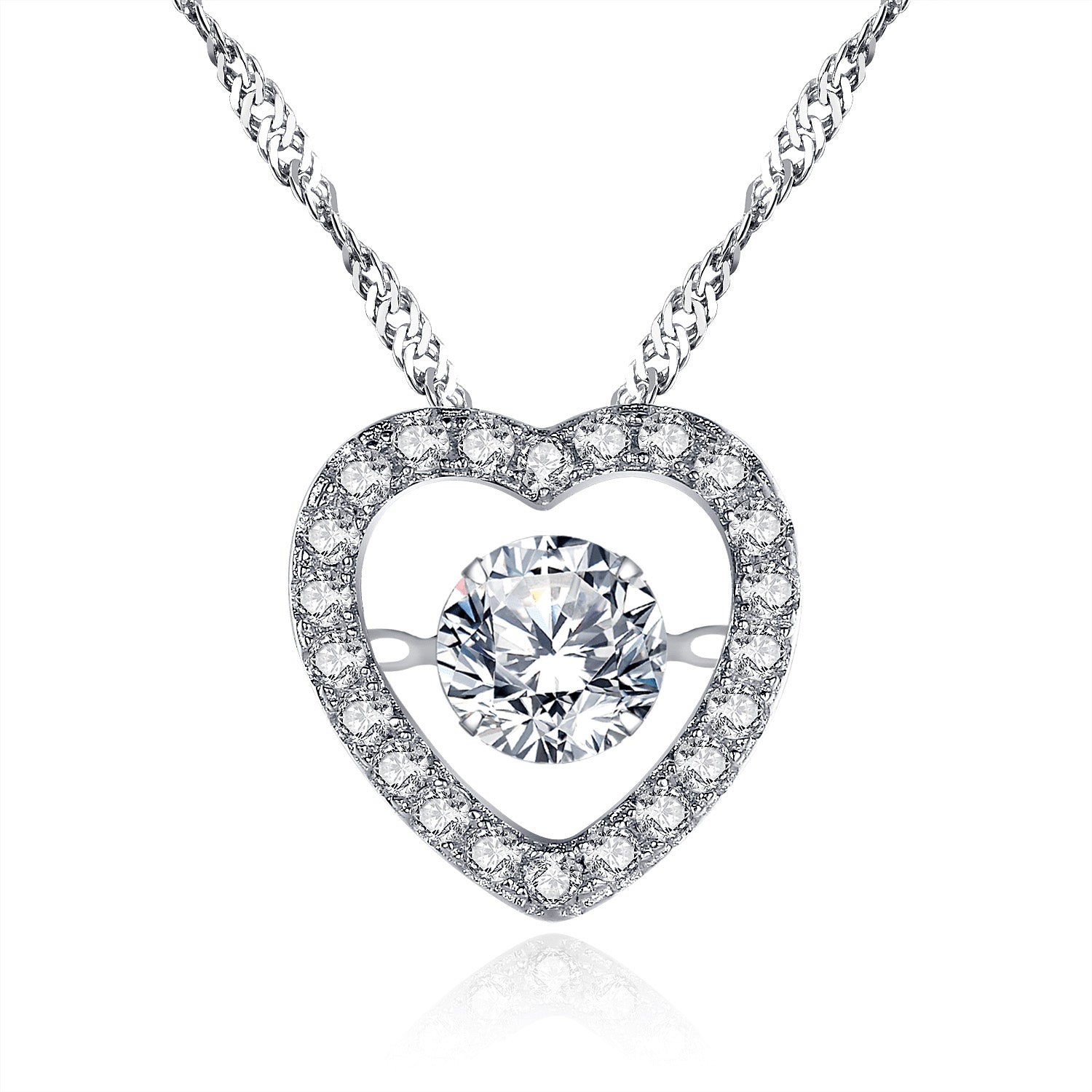 MABELLA Sterling Silver 0.5ct Round Cubic Zirconia Heart Dancing Pendant Necklace 18