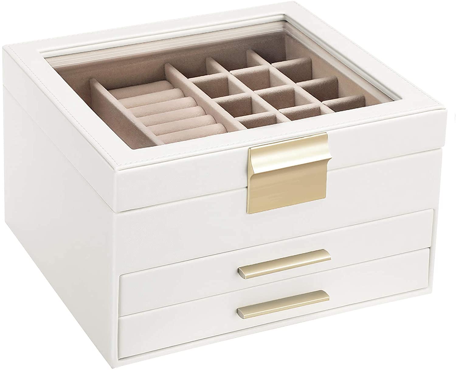 Luxury Jewelry Box Organizer with Glass Lid - 3-Layer Large Capacity Storage with 2 Drawers for Women, Perfect Gift for Loved Ones (White) | Ideal for Necklace, Ring & Earring Organization at Home or Travel
