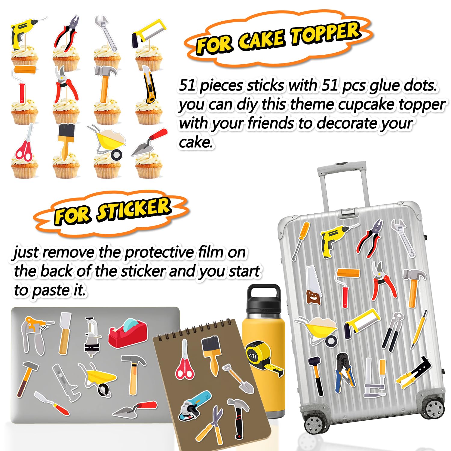 51-Piece Cupcake Toppers Set - Musical Instruments & Tools Theme (Hammer, Screwdriver, Pliers, Electric Drill) for Kids Birthday, Baby Shower, 1st & 2nd Birthday Parties - Cake Decorations & Party Supplies for DIY Baking & Celebrations
