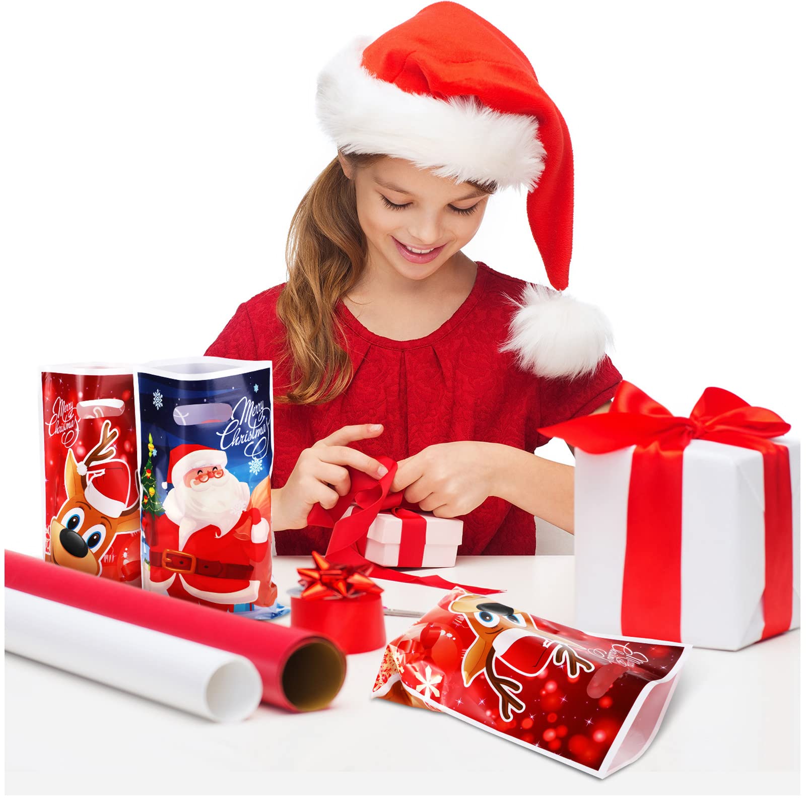 100 Pcs Christmas Plastic Goodie Bags - Santa & Elk Holiday Treat Bags for Party Favors, Gift Giving & Classroom Use - Perfect for Xmas Party Decorations, Candy Packaging & School Events