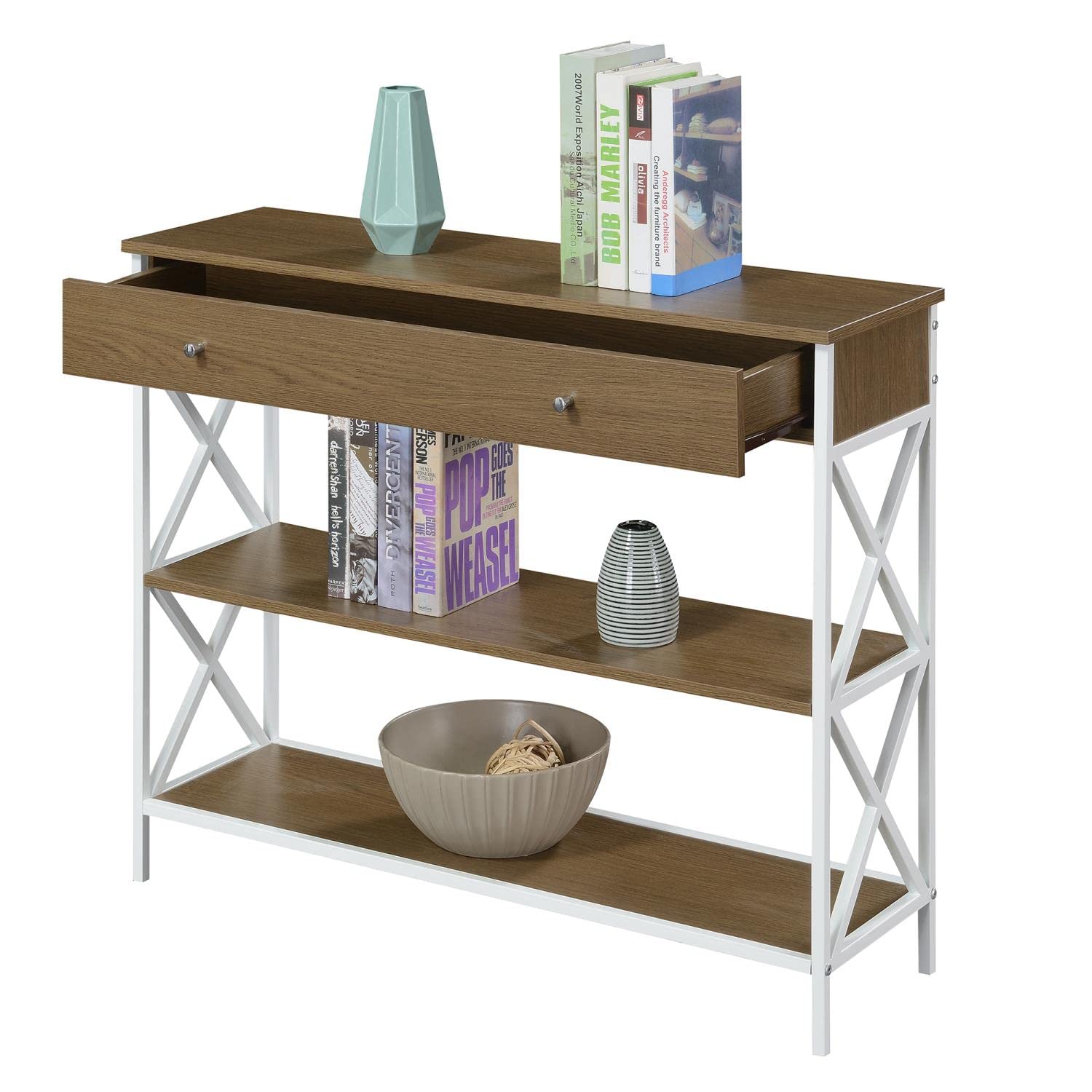 Convenience Concepts Tucson 1-Drawer Console Table with Shelves - Driftwood & White Finish - Entryway, Living Room, Hallway Furniture for Home Decor