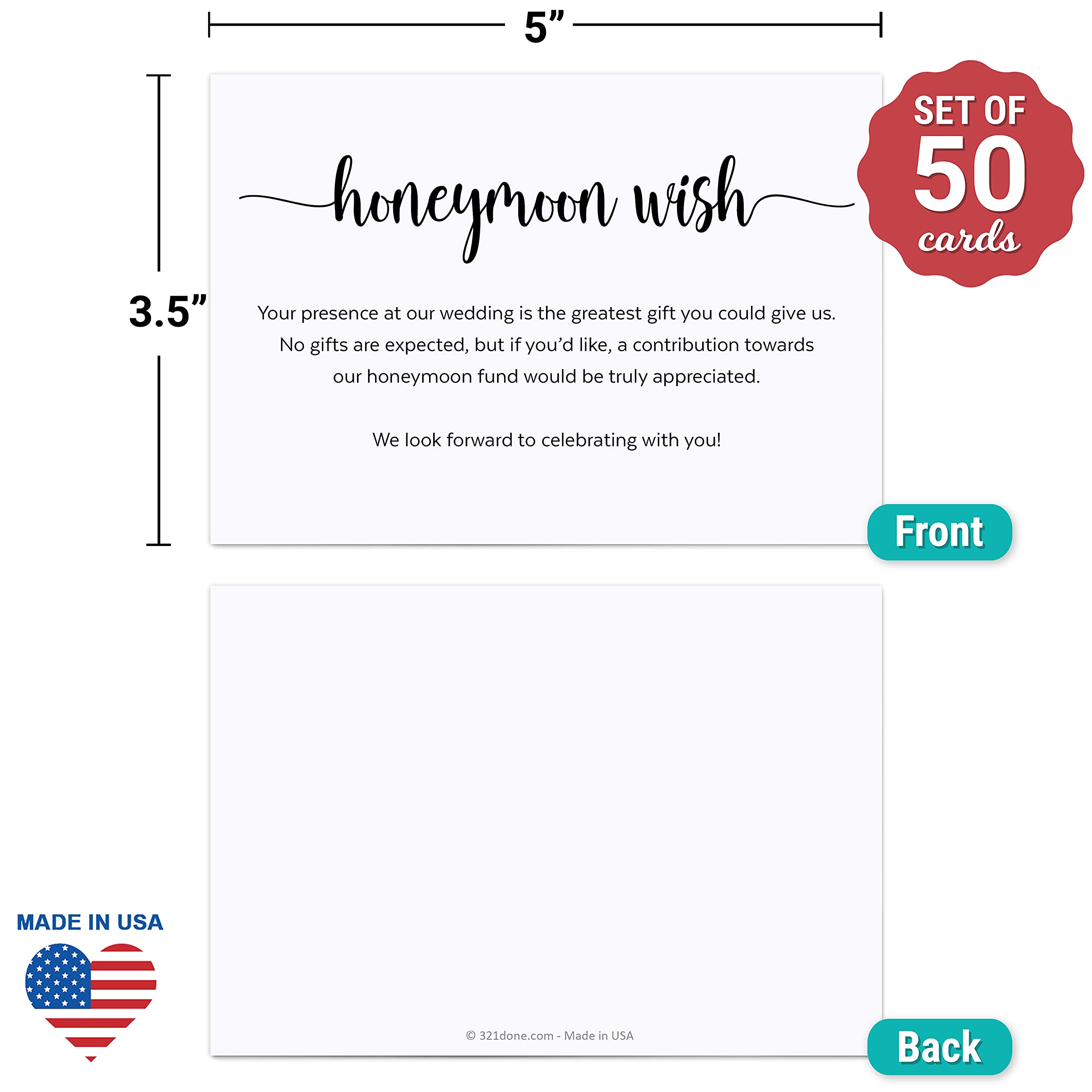 Honeymoon Fund Wish Cards - Set of 50, White 3.5x5 Wedding Invitation Inserts, No Gifts Requested - Perfect for Wishing Well, Honeymoon Fund & Wedding Enclosure Cards - Made in USA