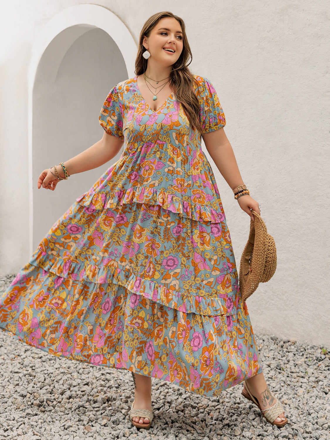 Plus Size Tiered Ruffled Resort Maxi Dress for Women - Flowy Beach Cover Up & Summer Vacation Outfit - Perfect for Tropical Getaways, Pool Parties, and Evening Dinners