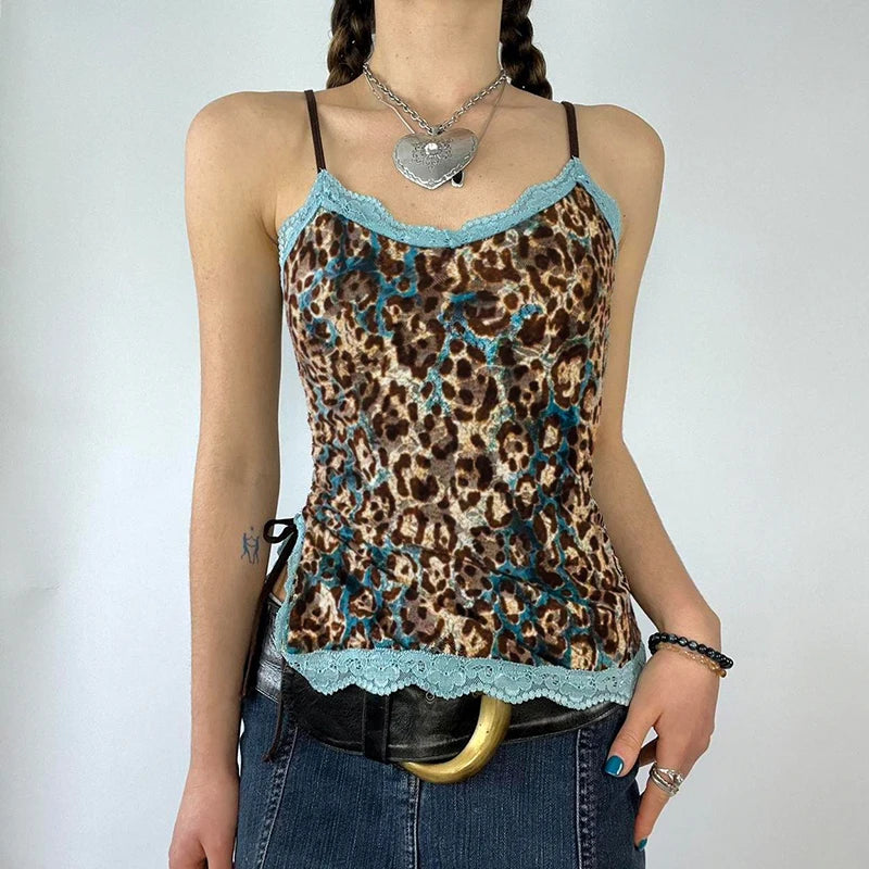 Vintage Asymmetrical Lace Camisole Top - Sexy Y2K Aesthetic Drawstring Crop Top for Women | Leopard Print Sheer Summer Party Top | Perfect for Clubbing, Date Nights & Music Festivals