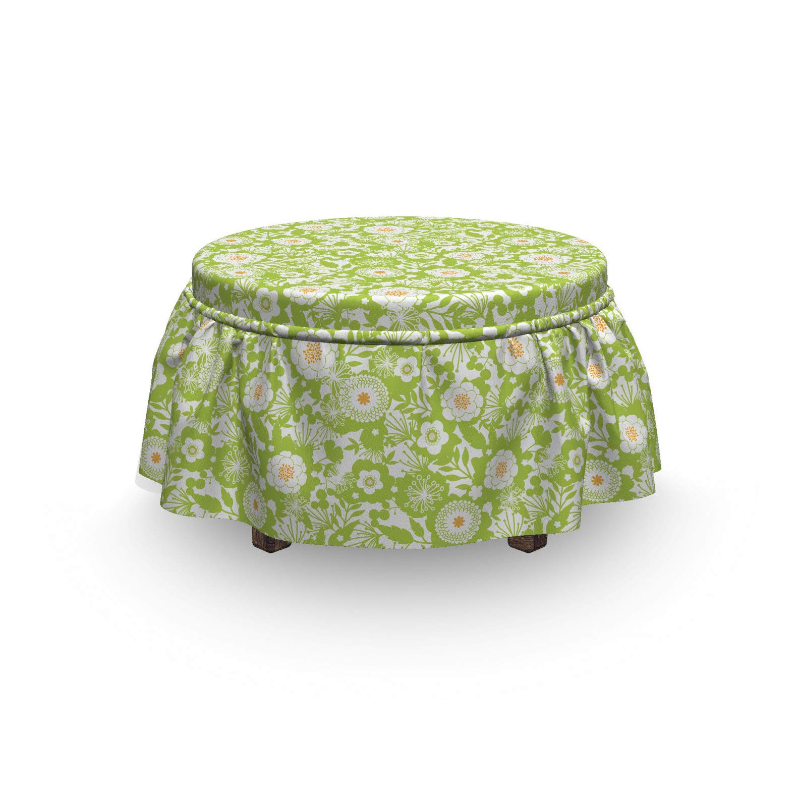 Ambesonne Botanical Ottoman Cover Set - 2 Piece Slipcover with Ruffle Skirt for Square/Round Footstools | Abstract Floral Design in Apple Green & Pale Orange | Home Decor Accent for Living Room, Bedroom & Nursery