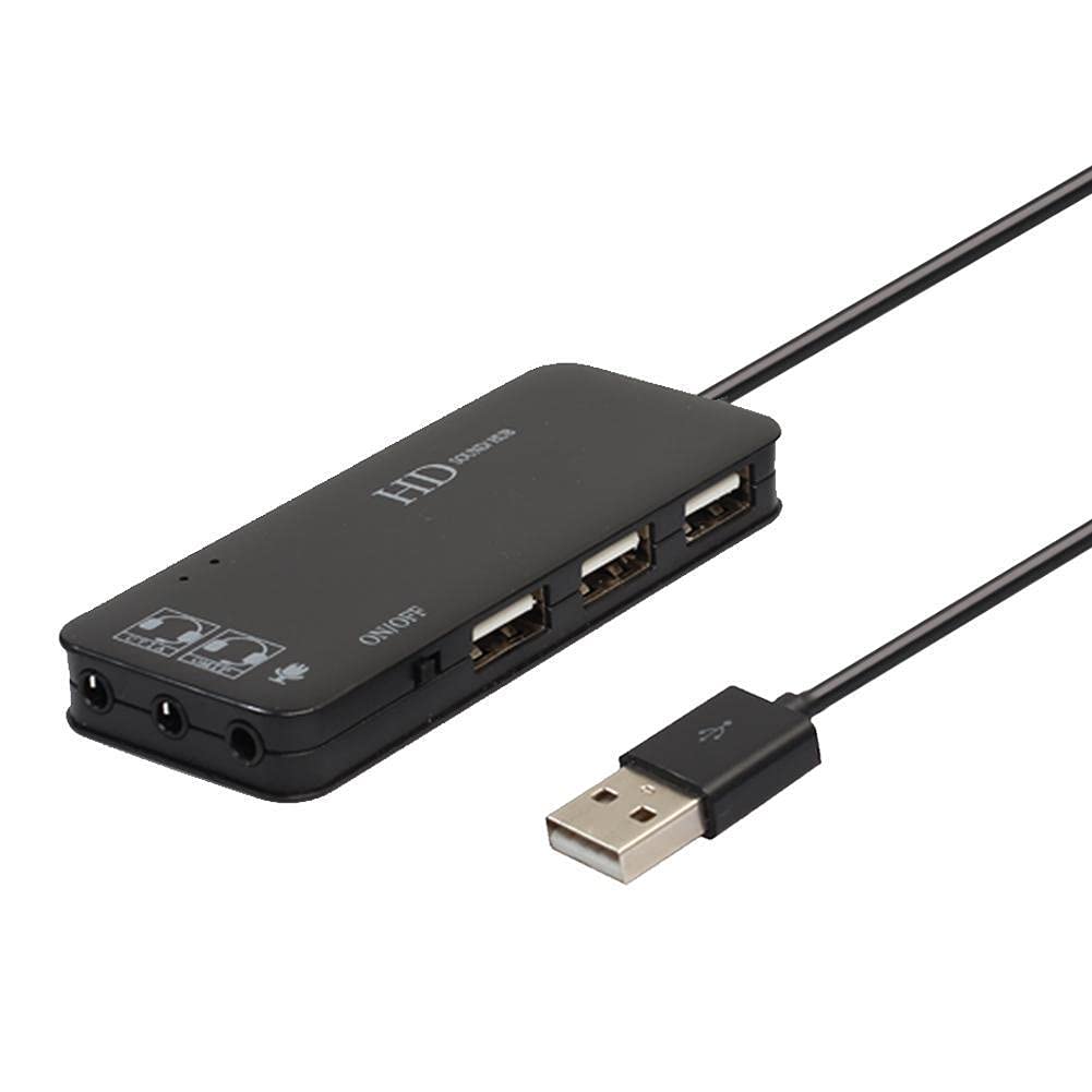 Echwave 3-Port USB 2.0 Hub with 7.1 Channel Sound Card - External USB Audio Adapter for PC, Headset & Microphone - Black | Perfect for Gaming, Streaming & Conference Calls