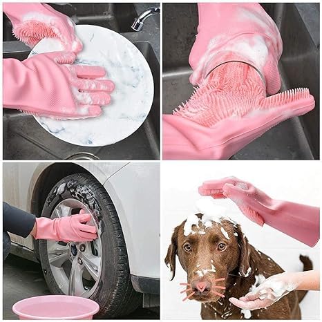 MAXADIL Silicone Gloves for Dishwashing, Car & Bathroom Cleaning - Kitchen & Home Use