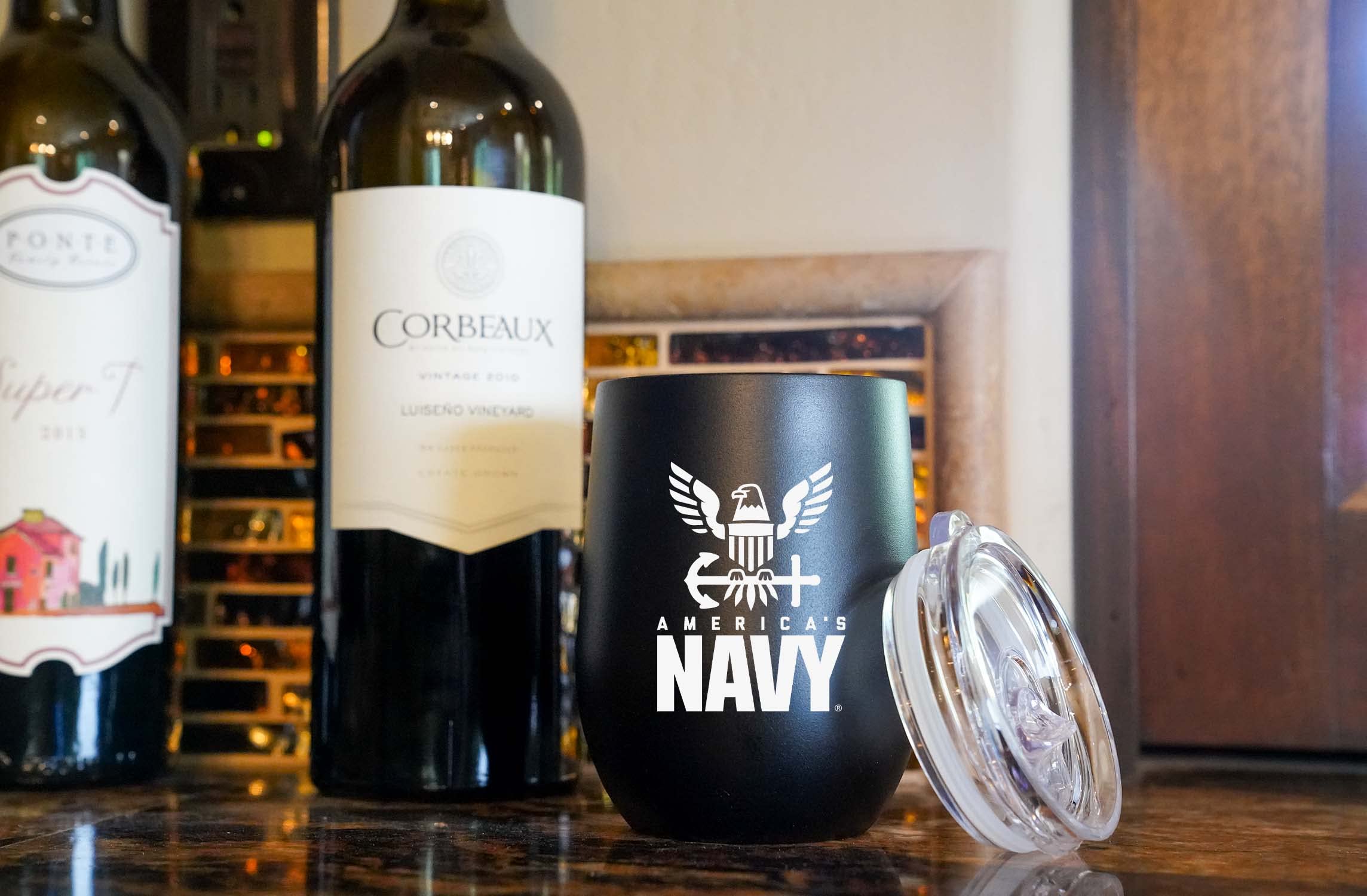 US Navy Steel Stemless Wine Glass Tumbler - 12oz Double Wall Vacuum Insulated Whiskey Cup with Lid, Matte Black with USN Logo - Perfect for Outdoor Camping, Military Gifts & Home Bar Accessories