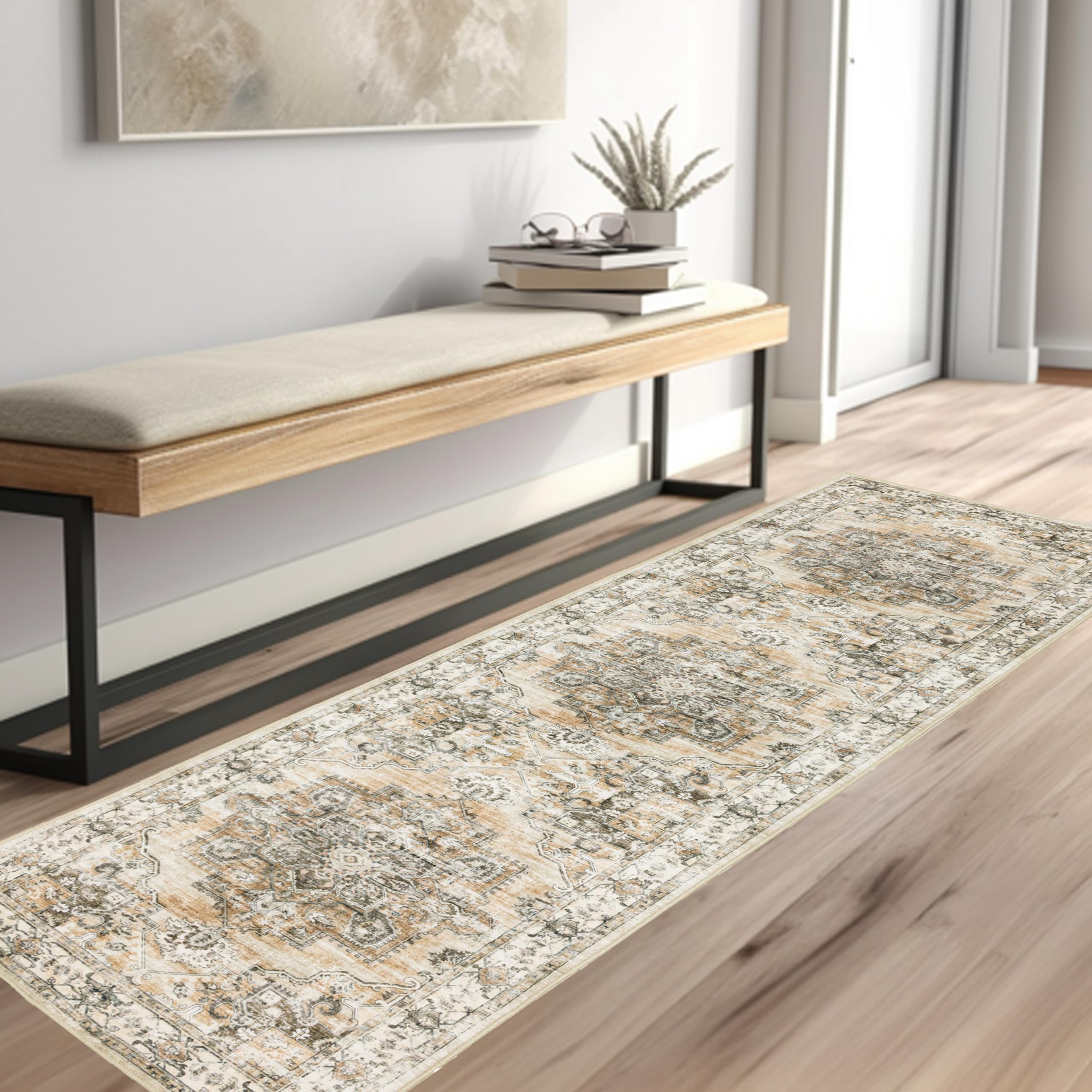 Non-Slip 2x10 Runner Rug - Vintage Farmhouse Hallway Carpet, Washable Kitchen & Entryway Rug in Neutral Brown | Perfect for Bedroom, Living Room & High-Traffic Areas