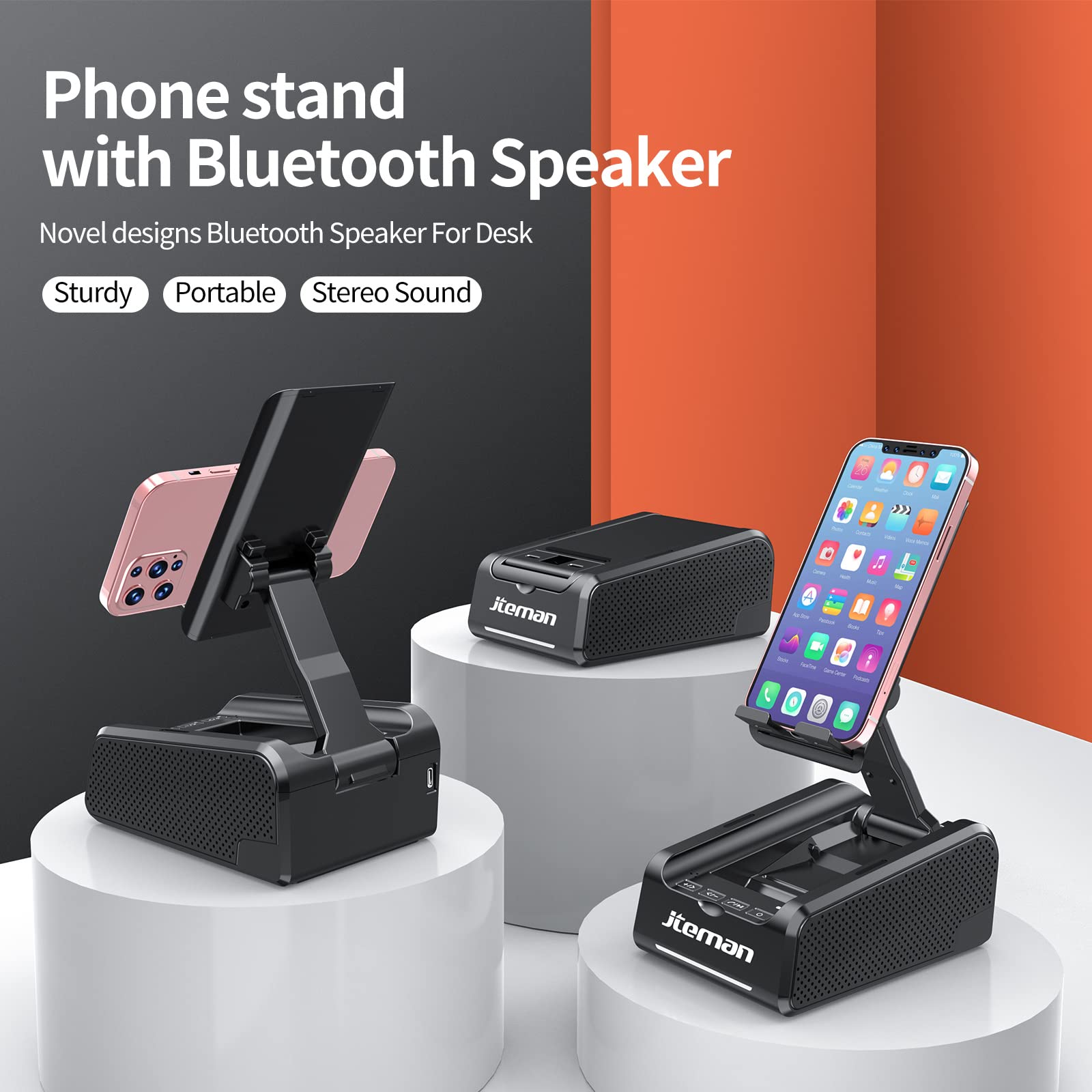JTEMAN Wireless Bluetooth Speaker with Phone Stand - Portable Desktop Speaker for Kitchen, Office, Travel - Perfect Gift for Women and Men - Enjoy Music While Cooking, Working or Relaxing