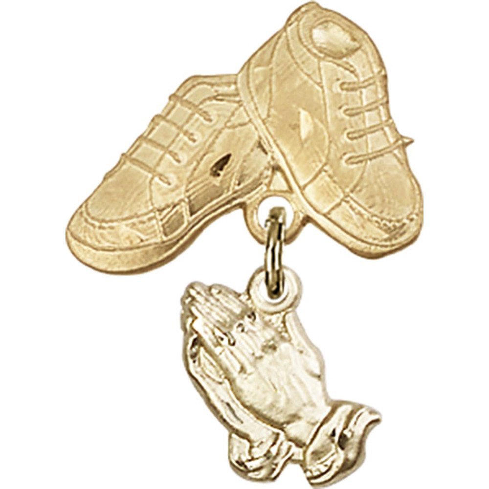 Gold Filled Baby Badge with Praying Hands Charm & Baby Boots Pin - Perfect for Christening Gifts, Baby Showers & Newborn Keepsakes
