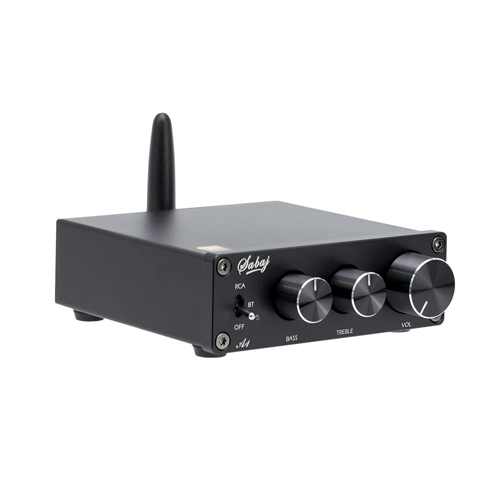SABAJ A1 Bluetooth 5.0 Digital Amplifier - 80W x 2 HiFi Stereo Receiver with MA12070 Chip, Class D 2.0 Channel Audio AMP for Home Theater & Bookshelf Speakers - Bass & Treble Control Knobs for Perfect Sound Tuning