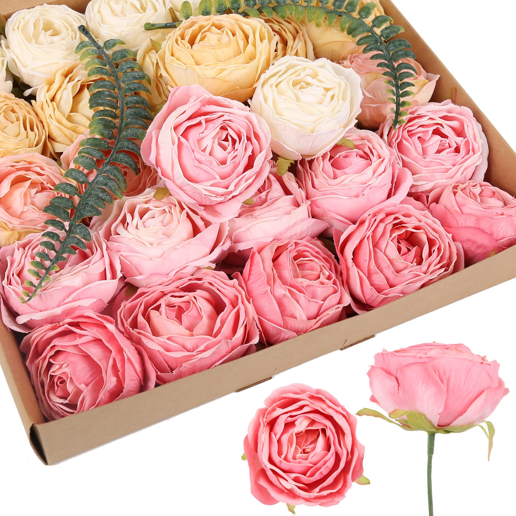 IPOPU 25pcs Pink & White Silk Artificial Roses - Realistic Fake Flower Heads for Wedding Centerpieces, Table Decorations, Bridal Shower, Party Decor - Perfect for DIY Floral Arrangements and Home Decor (Watermelon Color)