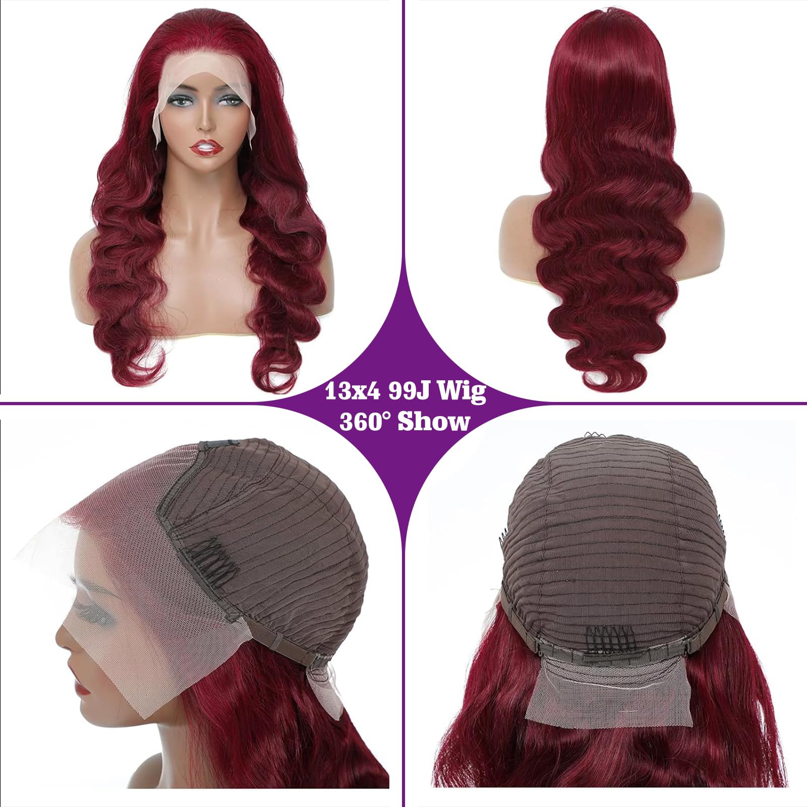 99J Burgundy Lace Front Wigs Human Hair 13x4 HD Glueless Brazilian Virgin Hair - Red Body Wave Frontal Wigs with Bleached Knots 180% Density 28 Inch | Perfect for Cosplay, Parties, Weddings & Daily Wear