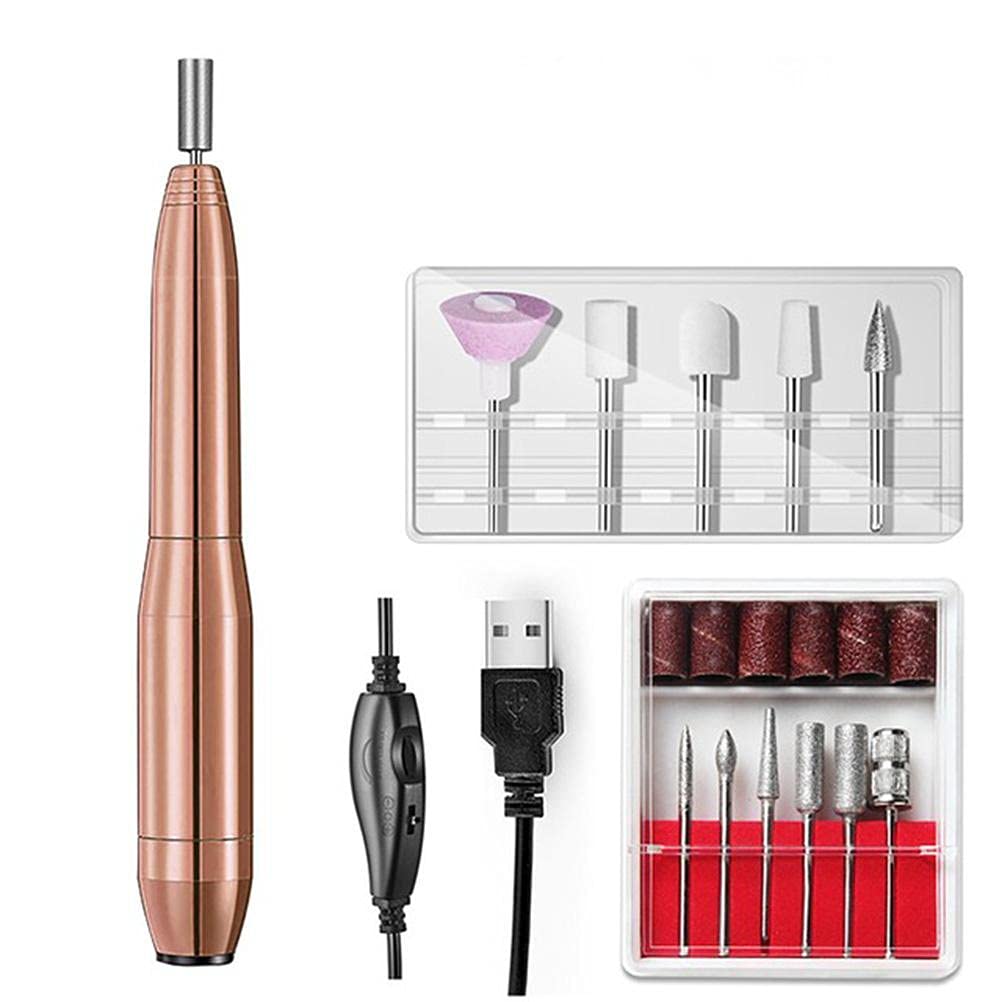 Professional Electric Nail Drill Machine Kit - Portable Manicure & Pedicure Tool with 6 Nail Drill Bits & Sanding Bands for Acrylic Gel Nails (Golden) | Perfect for Home Salon, Nail Art & Professional Nail Technicians