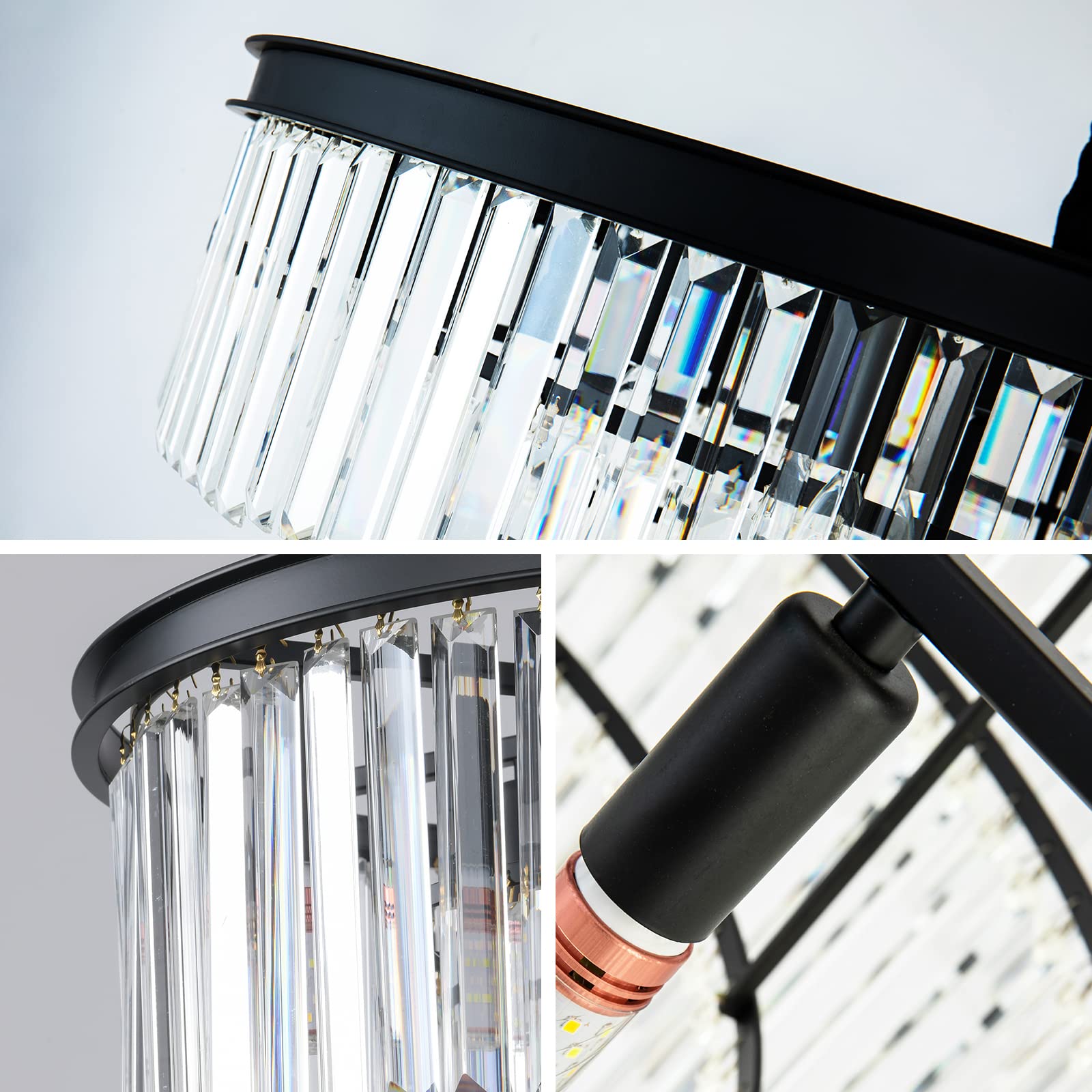 Modern Black Crystal Chandelier - 2-Tier Round Flush Mount Ceiling Light with Adjustable Height - Elegant Pendant Lighting for Dining Room, Living Room, Bedroom, Kitchen & Hotel Foyer - Perfect for Home Decor, Wedding Venues and Luxury Interior Design