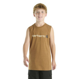Carhartt Youth Boys Sleeveless Graphic Logo T-Shirt - Brown Heather Cotton Tee for Summer Sports & Outdoor Activities