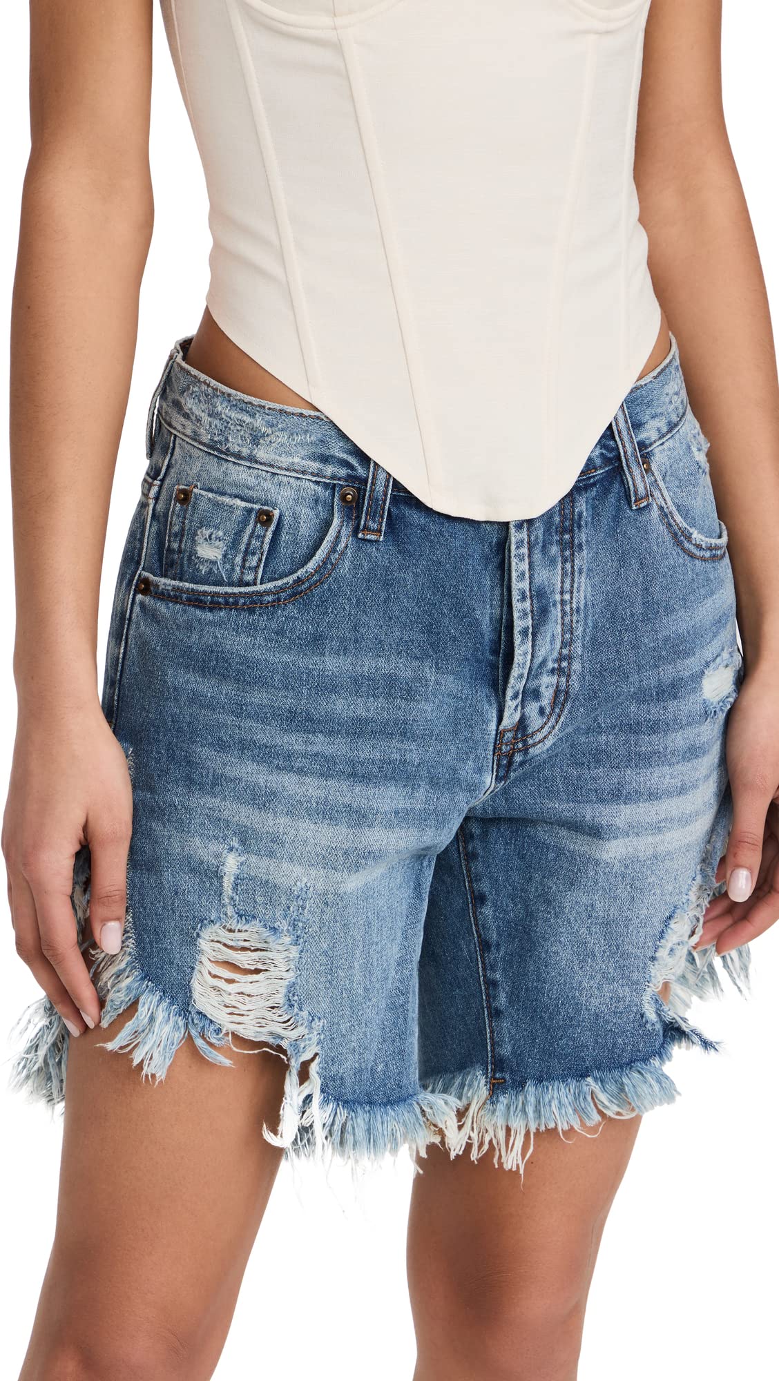 One Teaspoon Women's High Waisted Long Denim Shorts - Vintage Distressed Jeans for Summer, Beach, and Casual Outfits
