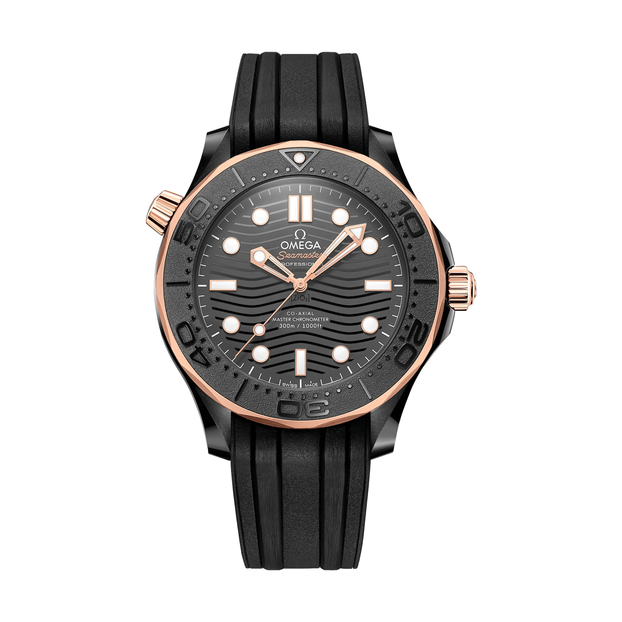 Seamaster Diver 300M Co-Axial Master Chronometer Men's Watch - 43.5mm Black Ceramic & Sedna Gold Case with Rubber Strap - Luxury Dive Watch for Professional Scuba Diving & Everyday Wear