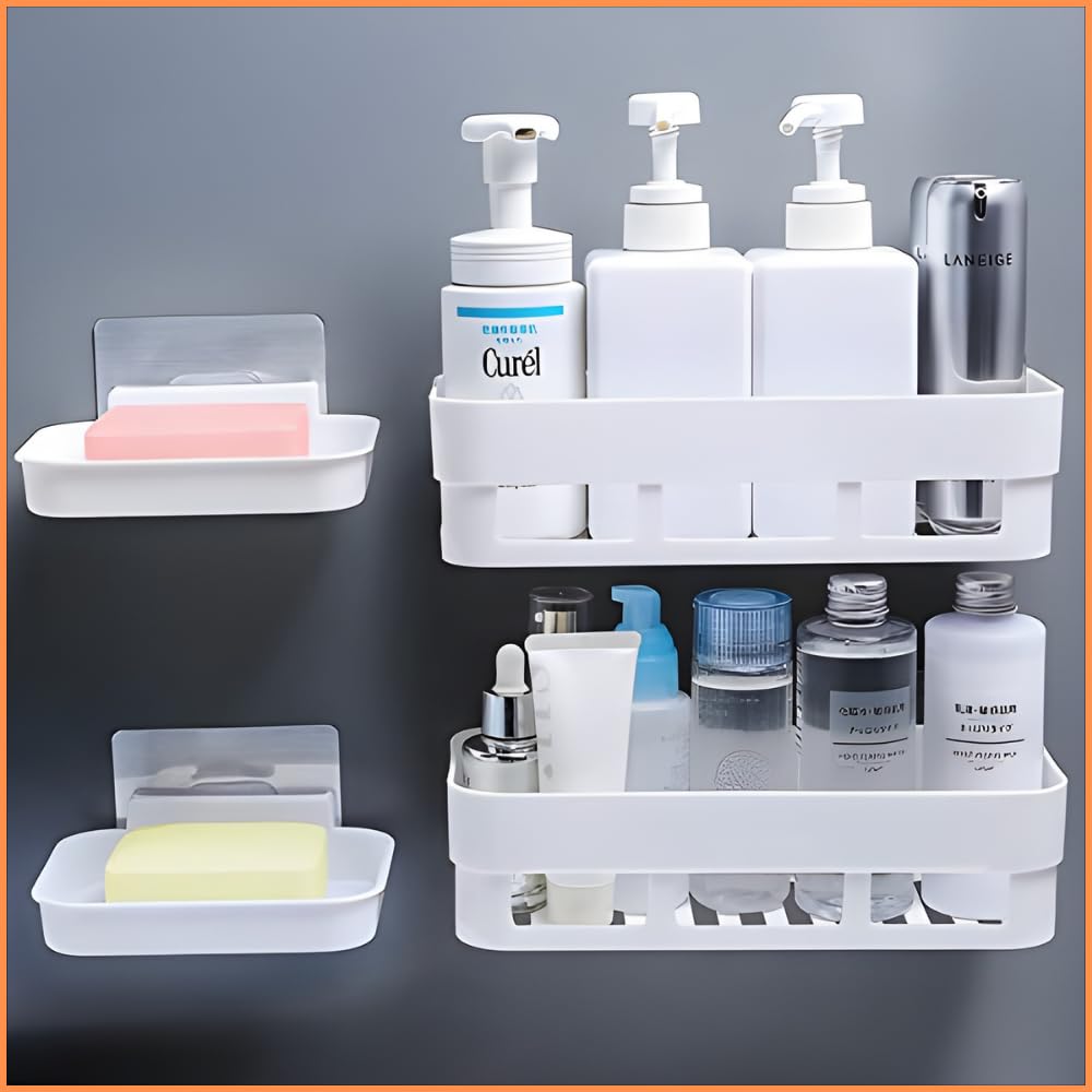 MorivaHomes White Plastic Wall Mount Shelf - Multipurpose Bathroom Storage Organizer with 2 Shelves & 2 Soap Boxes | Perfect for Small Space Organization, Shower Caddy, Kitchen Utensil Storage & Bathroom Accessories