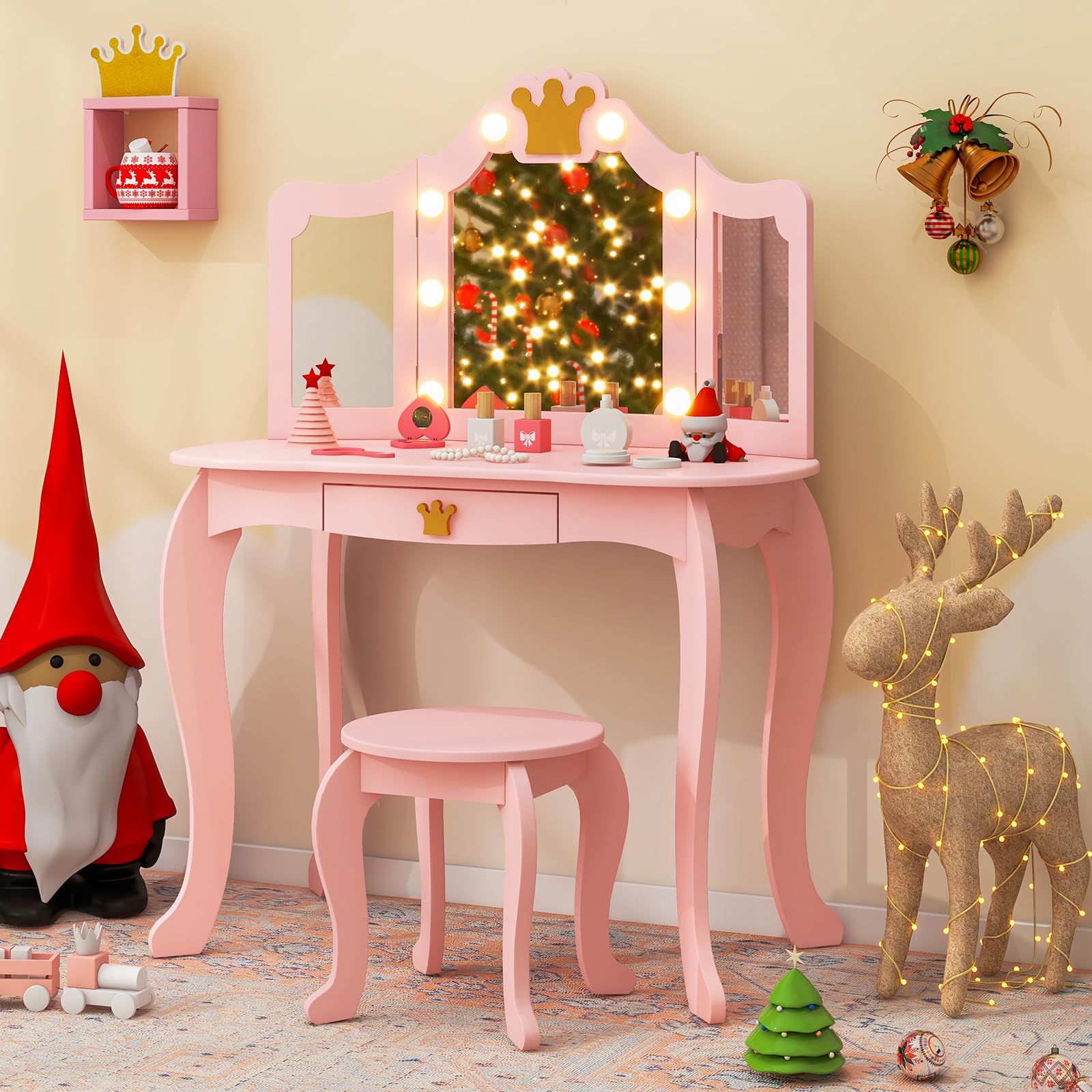 Costzon Kids Vanity Set with LED Lights & Stool - Pink Princess Makeup Dressing Table with Mirror, Drawers & Chair for Girls - Toddler Pretend Play, Birthday Gift & Bedroom Decor (Pink)