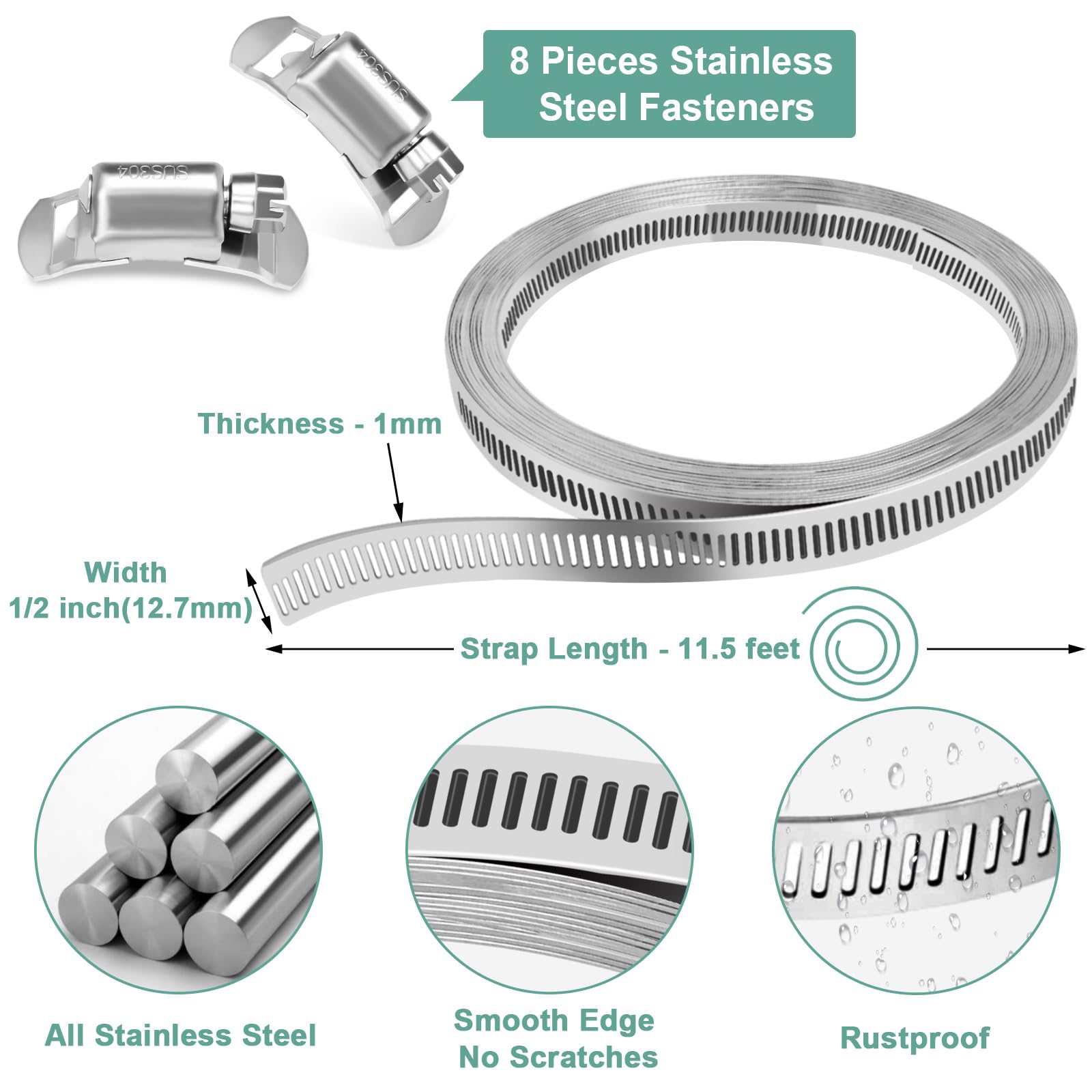 Stainless Steel Hose Clamps Kit - 11.5 Ft Adjustable Worm Gear Clamps with 8 Fasteners for Automotive, Plumbing & HVAC | DIY Pipe Duct Band Clamps Set | Perfect for Car Repair, Home Improvement & Mechanical Projects
