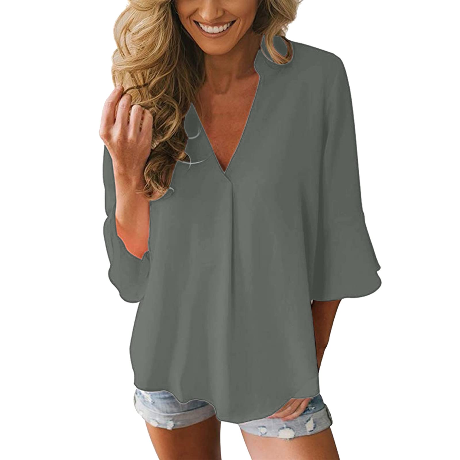 Women's Casual Loose Fit V-Neck Peplum Sleeve Chiffon Blouse - Solid Color Long Sleeve Tops for Work, Date Night & Everyday Wear