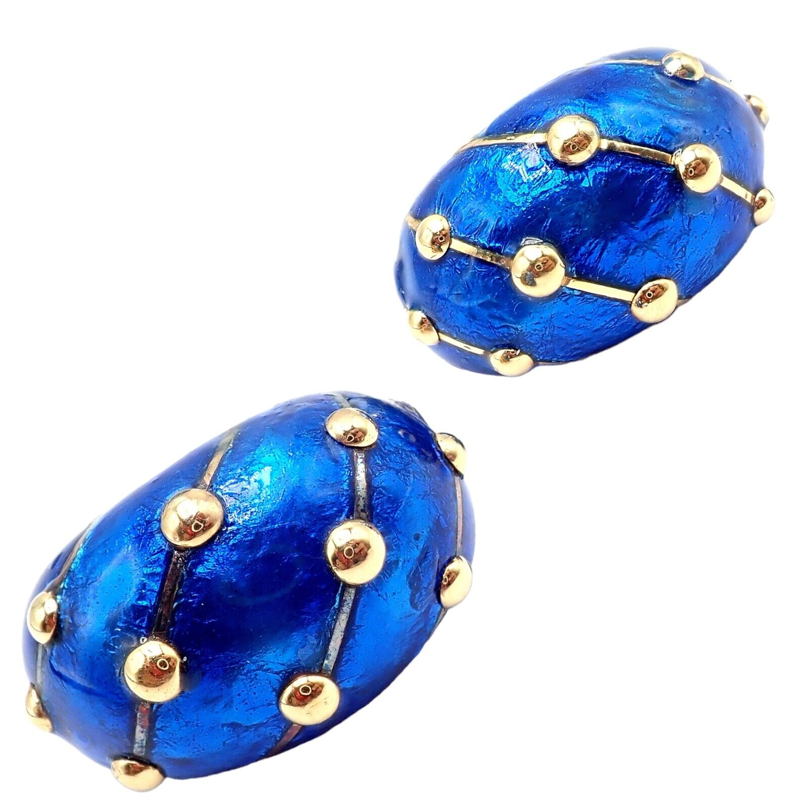 Tiffany & Co Schlumberger 18k Yellow Gold Large Blue Enamel Banana Clip Earrings - Luxury Vintage Jewelry for Women, Perfect for Parties, Weddings & Special Occasions