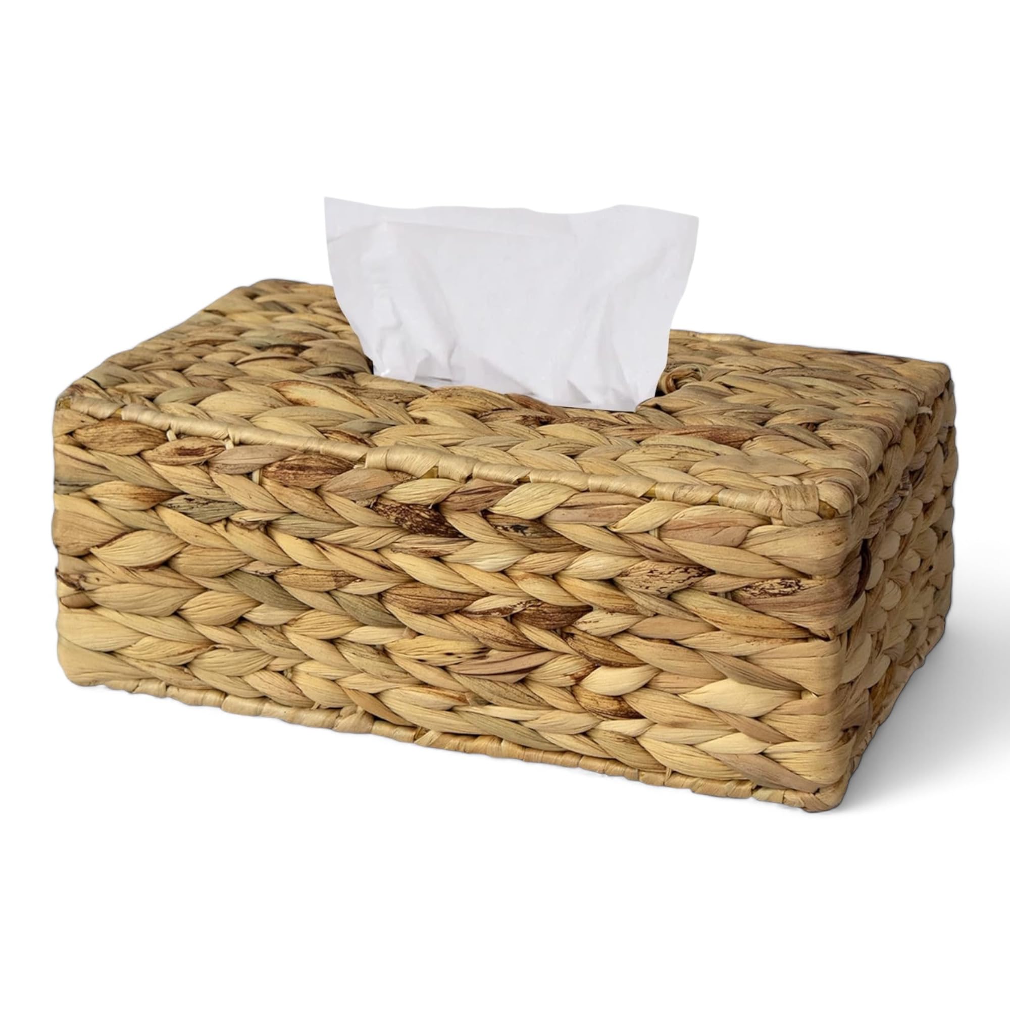 Water Hyacinth Hand Woven Rectangle Tissue Box Cover - Natural Wicker Straw Napkin Dispenser Organizer for Kitchen, Bathroom, Office & Living Room | Free Tissue Box Included | Perfect for Home Decor, Gift & Storage Solutions