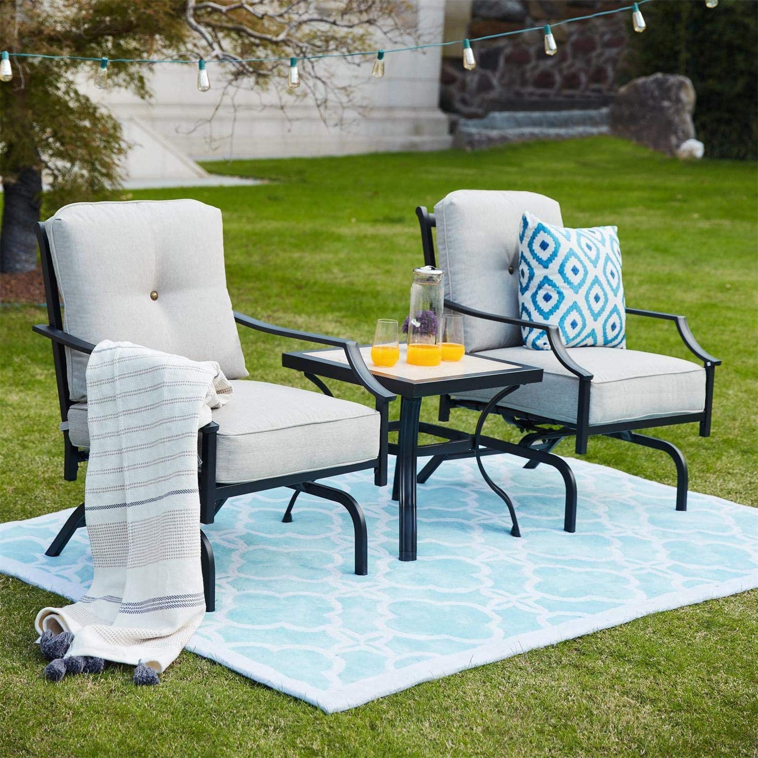 PatioFestival Outdoor Rocking Bistro Bar Stools - Metal Frame Patio Furniture Set with 2 Rocking Chairs & Coffee Table (Beige) - Perfect for Garden, Deck, Porch & Backyard Relaxation