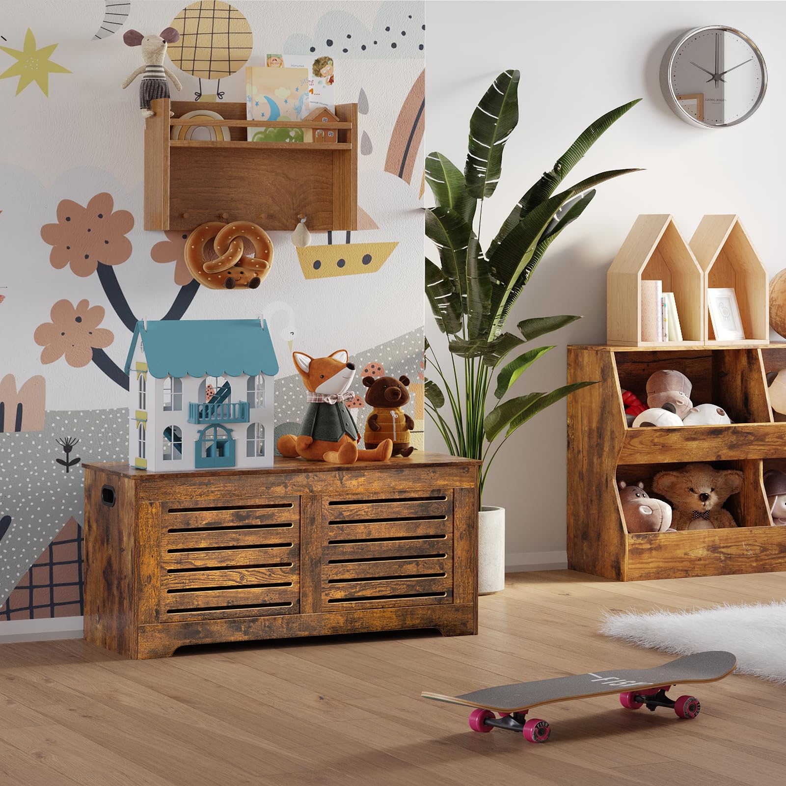 DINZI LVJ 39.4” Wooden Storage Chest with Safety Hinges - Retro Flip-Top Shoe Bench & Toy Box - Rustic Brown Entryway Organizer for Living Room, Bedroom - Easy Assembly Home Storage Solution (Perfect for Entryway Shoe Storage, Kids' Toy Organization & Living Room Decor)
