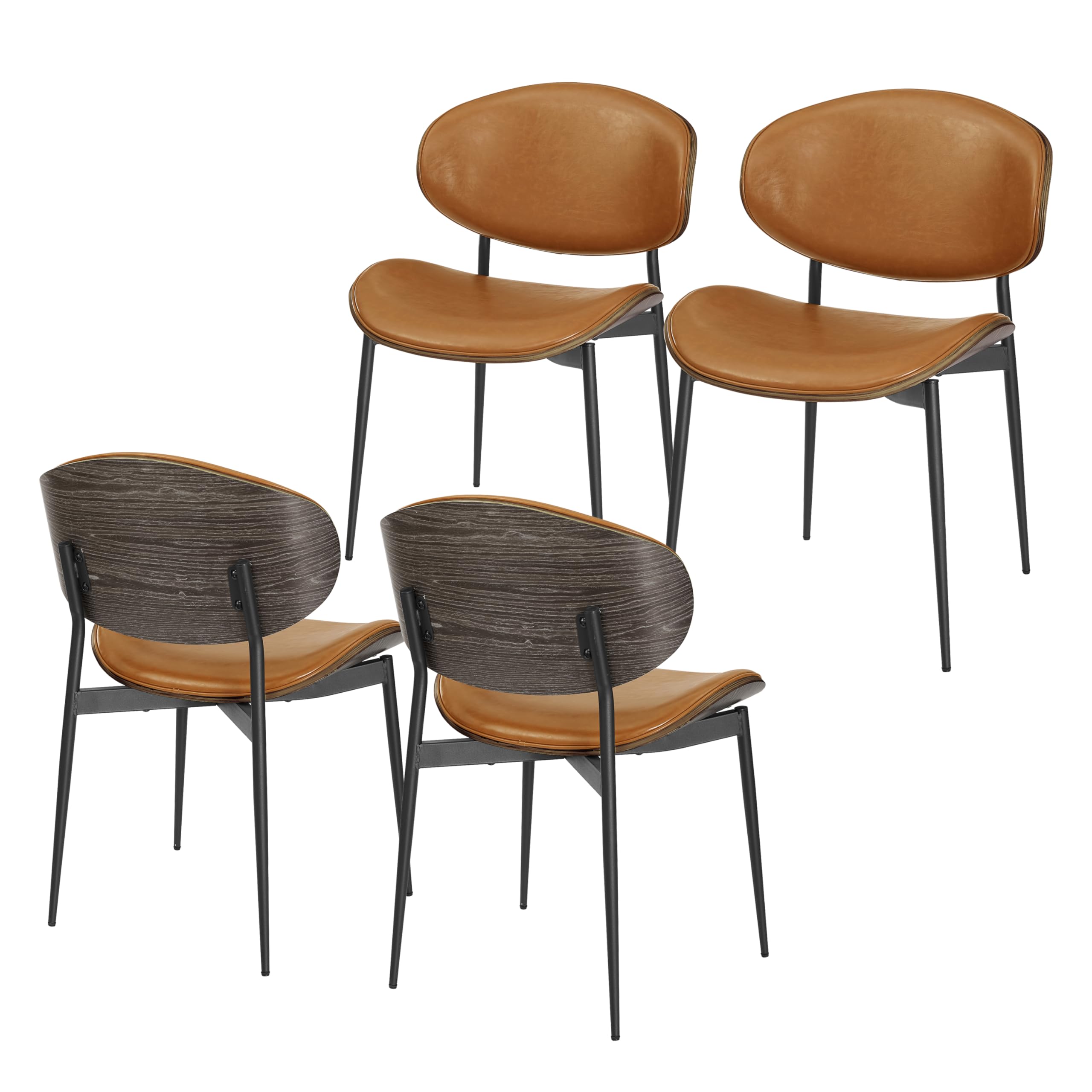Art Leon Mid Century Modern Dining Chairs Set of 4 - Grey Oak Bentwood with Orange Faux Leather Upholstery & Black Metal Legs - Perfect for Kitchen, Dining Room or Bedroom Accent Chairs