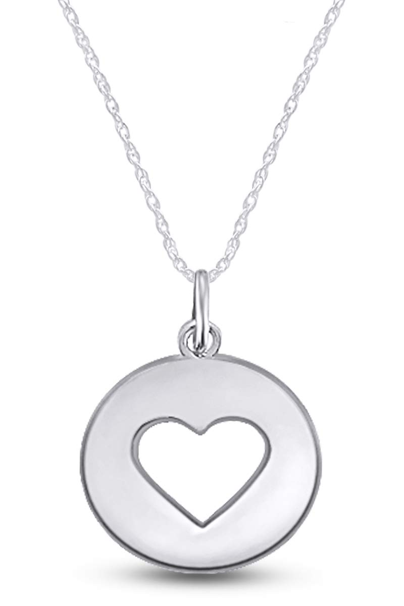 10K Solid Gold Open Heart Disc Charm Pendant Necklace for Women with 18