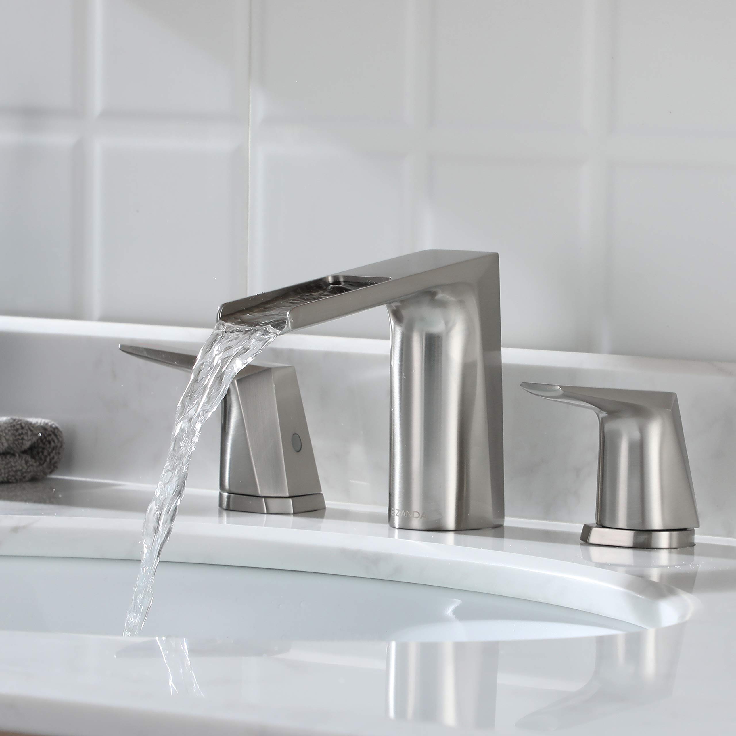 Brass Waterfall Bathroom Sink Faucet - Widespread 2-Handle Vanity Faucet with Pop-Up Drain & Supply Lines in Brushed Nickel (Model 1431202) - Perfect for Modern Bathroom Renovations & Luxury Home Decor