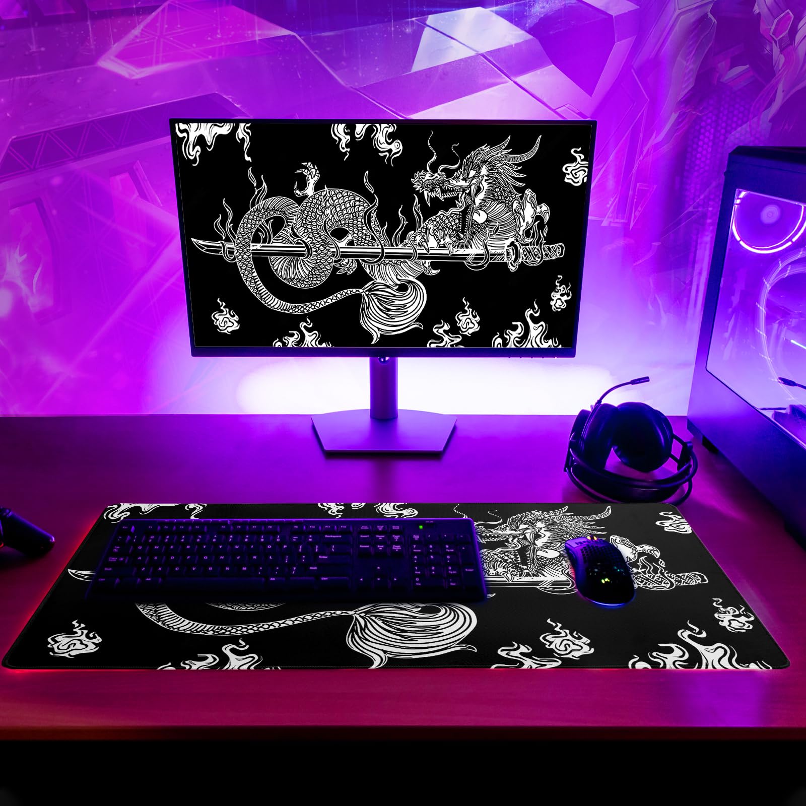 Premium Large Gaming Mouse Pad (27.6x11.8 Inch) - Non-Slip Base, Stitched Edges - Black Dragon Design Desk Mat for Keyboard & Mouse - Perfect for PC Gaming, Office Work & Home Computer Setup