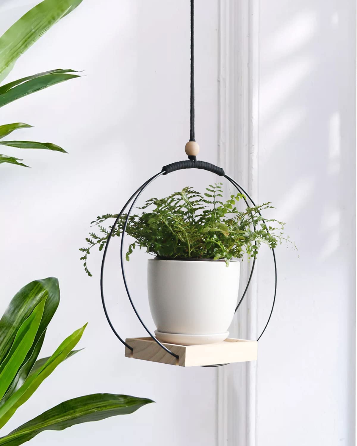 2 Pack Modern Macrame Hanging Planter Shelf with Wood Base - Indoor Outdoor Wall Ceiling Window Flower Pot Holder - Boho Home Décor for Living Room, Bedroom, Balcony - Black (Planter/Plants Not Included)