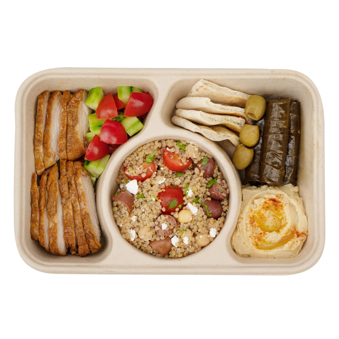 Eco-Friendly 31.3oz Sugarcane Fiber Takeout Containers - 100-Pack 3-Compartment Microwavable To-Go Boxes | Sustainable Bagasse Food Containers for Restaurants, Catering & Meal Prep (Lids Sold Separately)