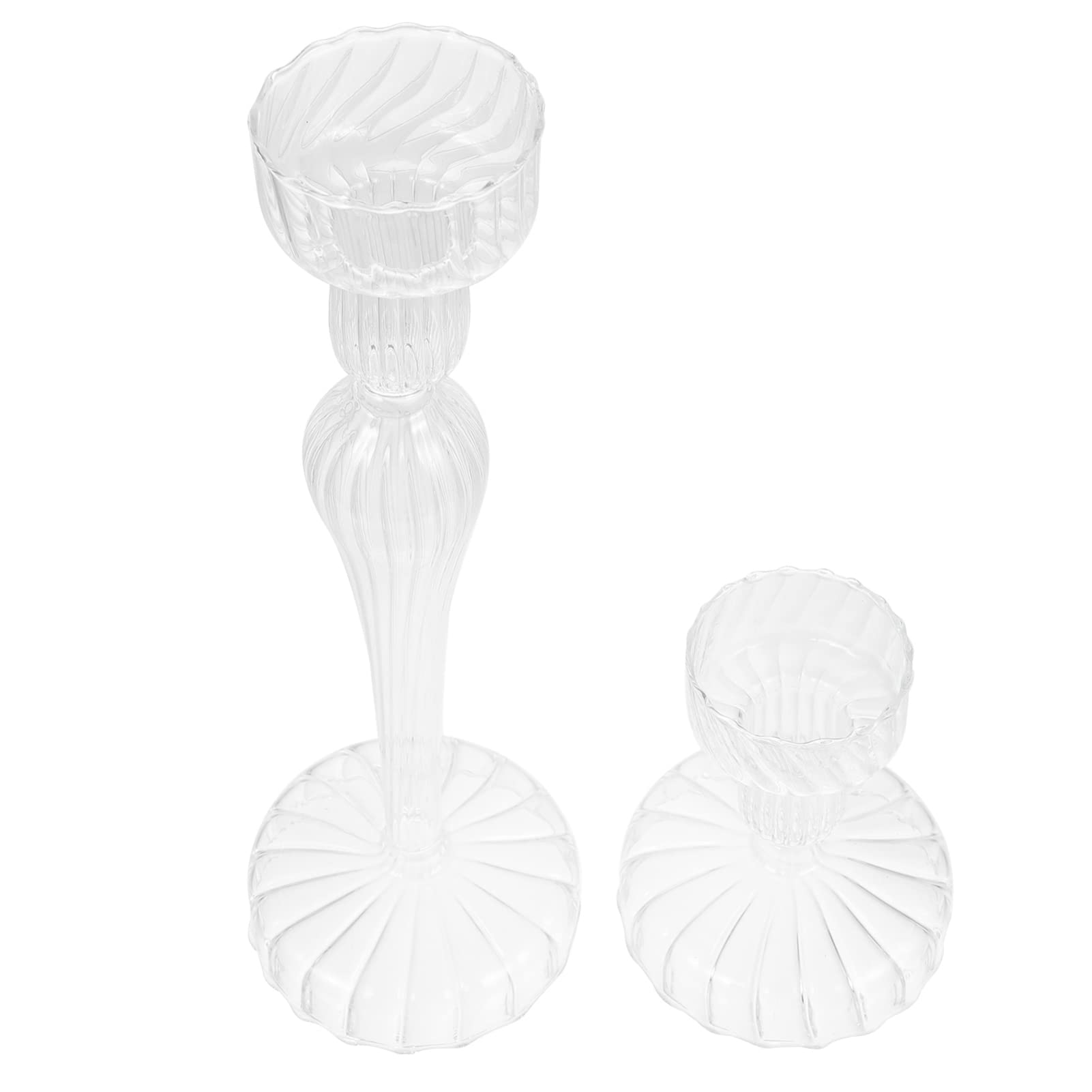 Elegant Striped Glass Taper Candle Holders Set of 2 - Clear Glass Candlestick Holders for Tealight Candles - Perfect for Wedding Centerpieces, Dinner Table Decor, and Home Decoration