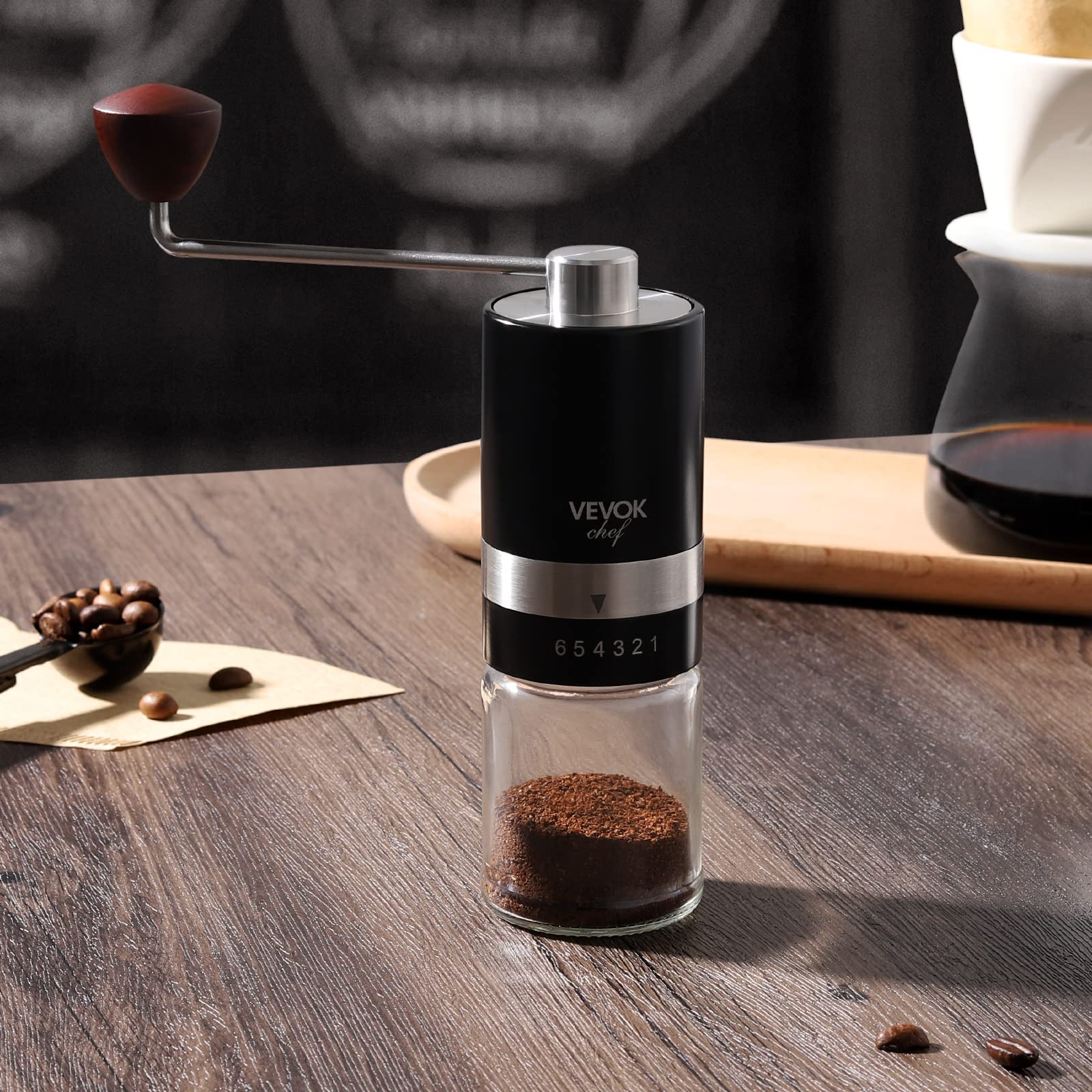VEVOK CHEF Manual Coffee Grinder - 6 Adjustable Settings, Stainless Steel Conical Burr Mill, Portable Hand Crank Coffee Bean Grinder for Espresso, French Press, Drip Coffee - Perfect for Home, Office, Camping & Travel Gifts