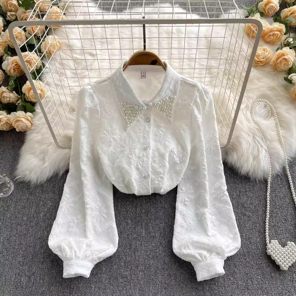 French Retro Beaded Polo Collar Shirt - Loose Puff Sleeve Blouse for Women - Vintage Inspired Casual & Party Tops - Perfect for Date Night, Office Wear and Summer Outfits