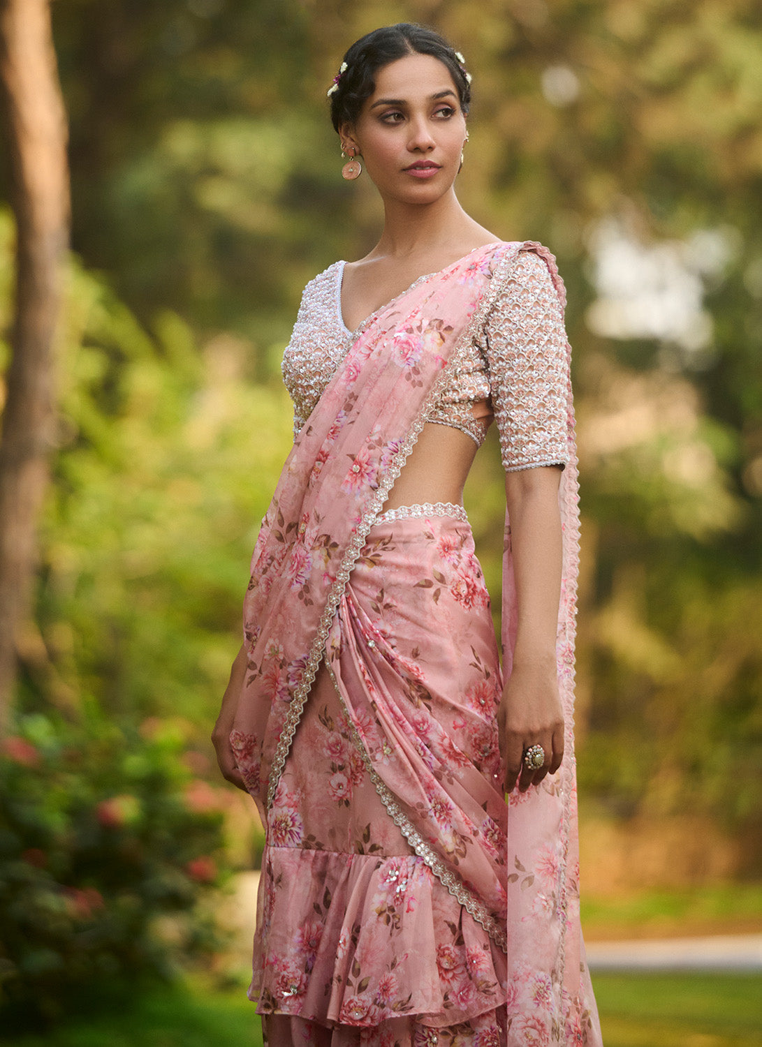 Elegant Light Pink Floral Embroidered Ruffled Saree for Women - Perfect for Weddings, Parties & Special Occasions