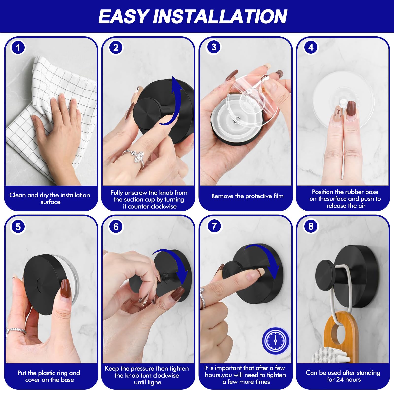 Strong Suction Cup Hooks for Shower, Bathroom & Kitchen - Removable Adhesive Hooks for Towels, Robes & Organizing on Glass, Tile & Walls (2-Pack, Black) - Perfect for Hanging Bath Accessories & Kitchen Utensils