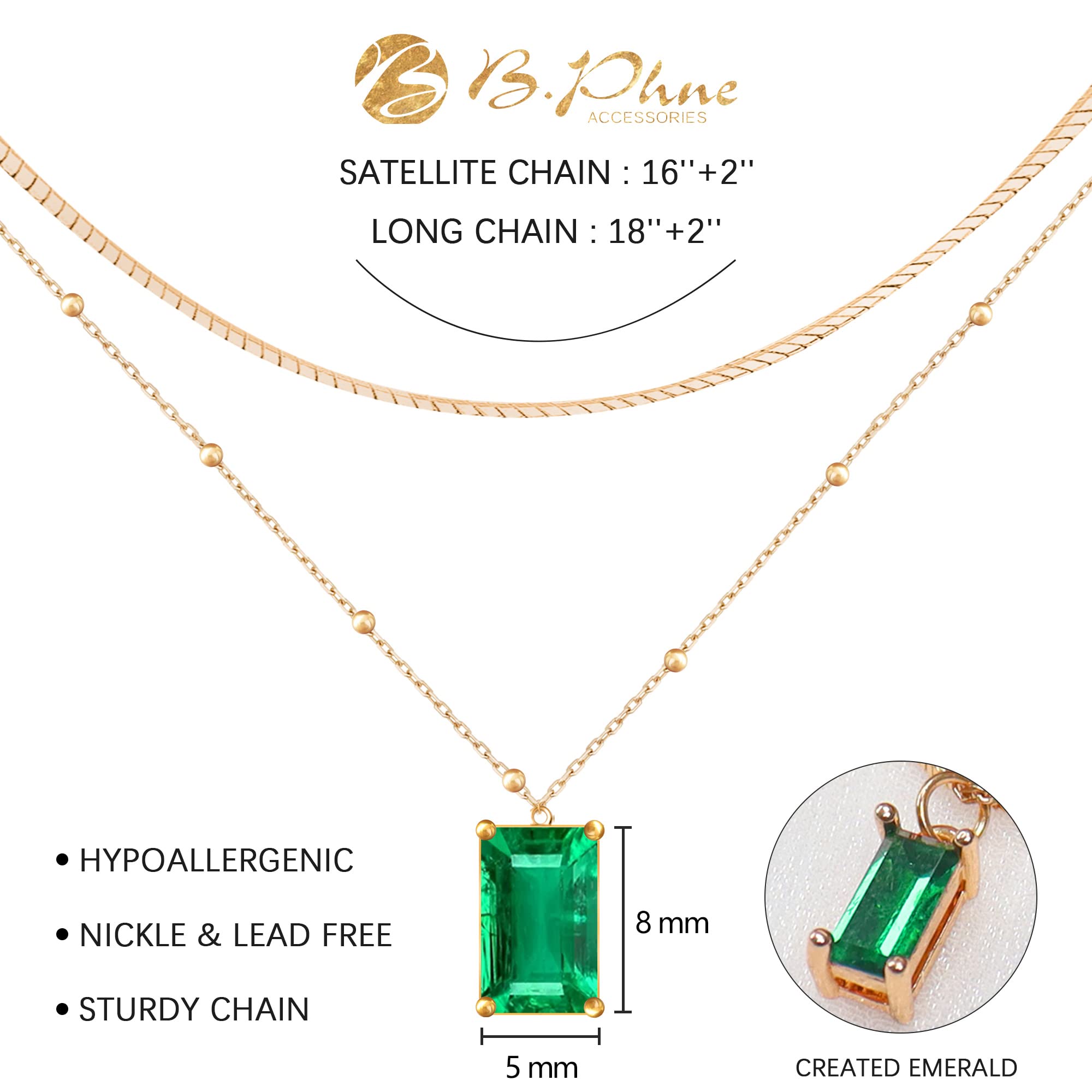 14K Gold Plated Emerald Rectangle Pendant Necklace for Women - Dark Green Layered Choker Jewelry, Perfect for Christmas Gifts, Date Nights & Layering Outfits