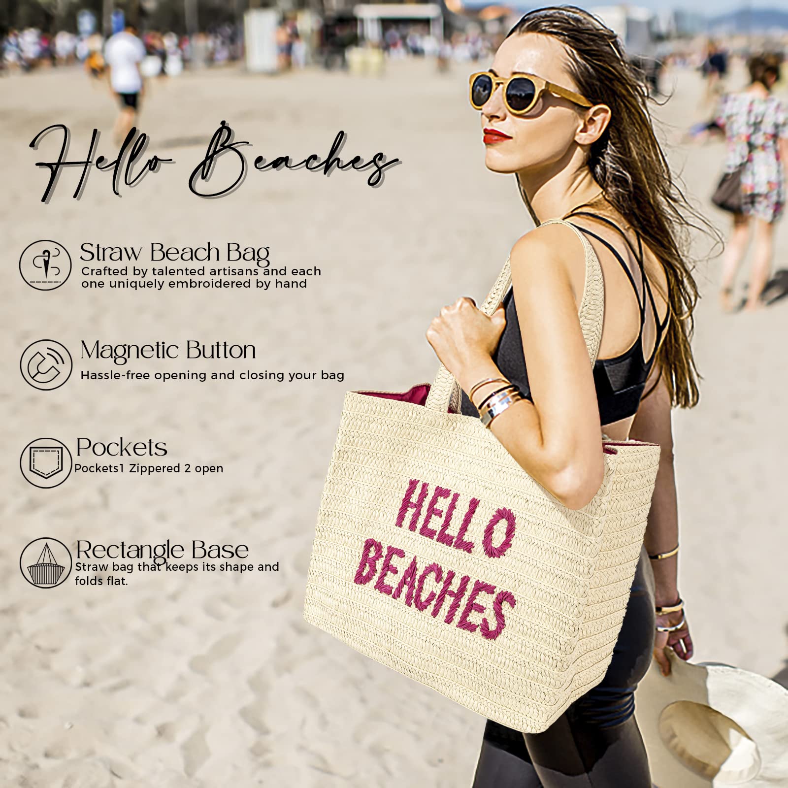 2025 Trendy Straw Beach Tote Bag for Women - Large Packable Vacation Beach Bag | Perfect for Poolside, Seaside & Summer Travel Accessories